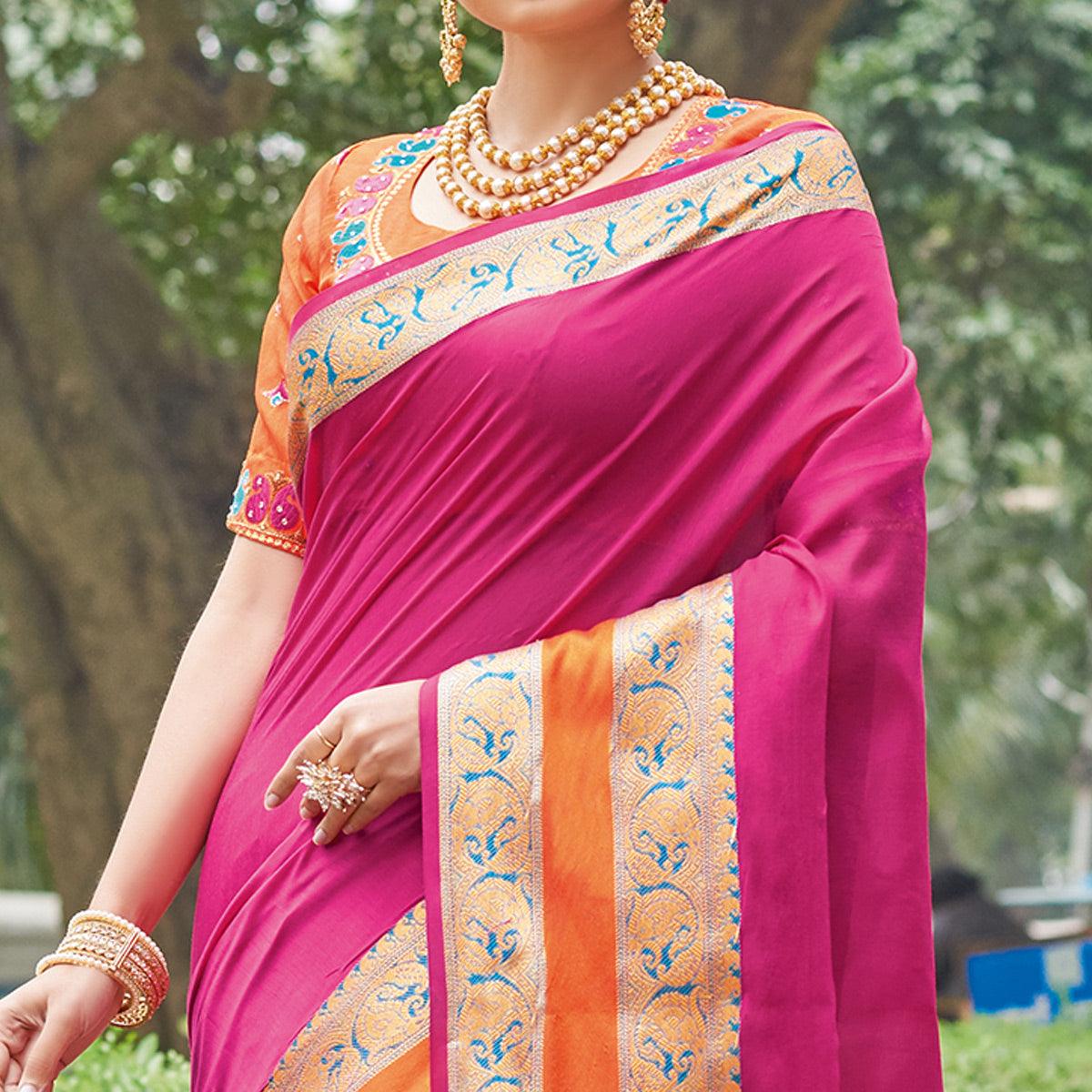 Exceptional Pink Colored Festive Wear Woven Handloom Silk Saree - Peachmode