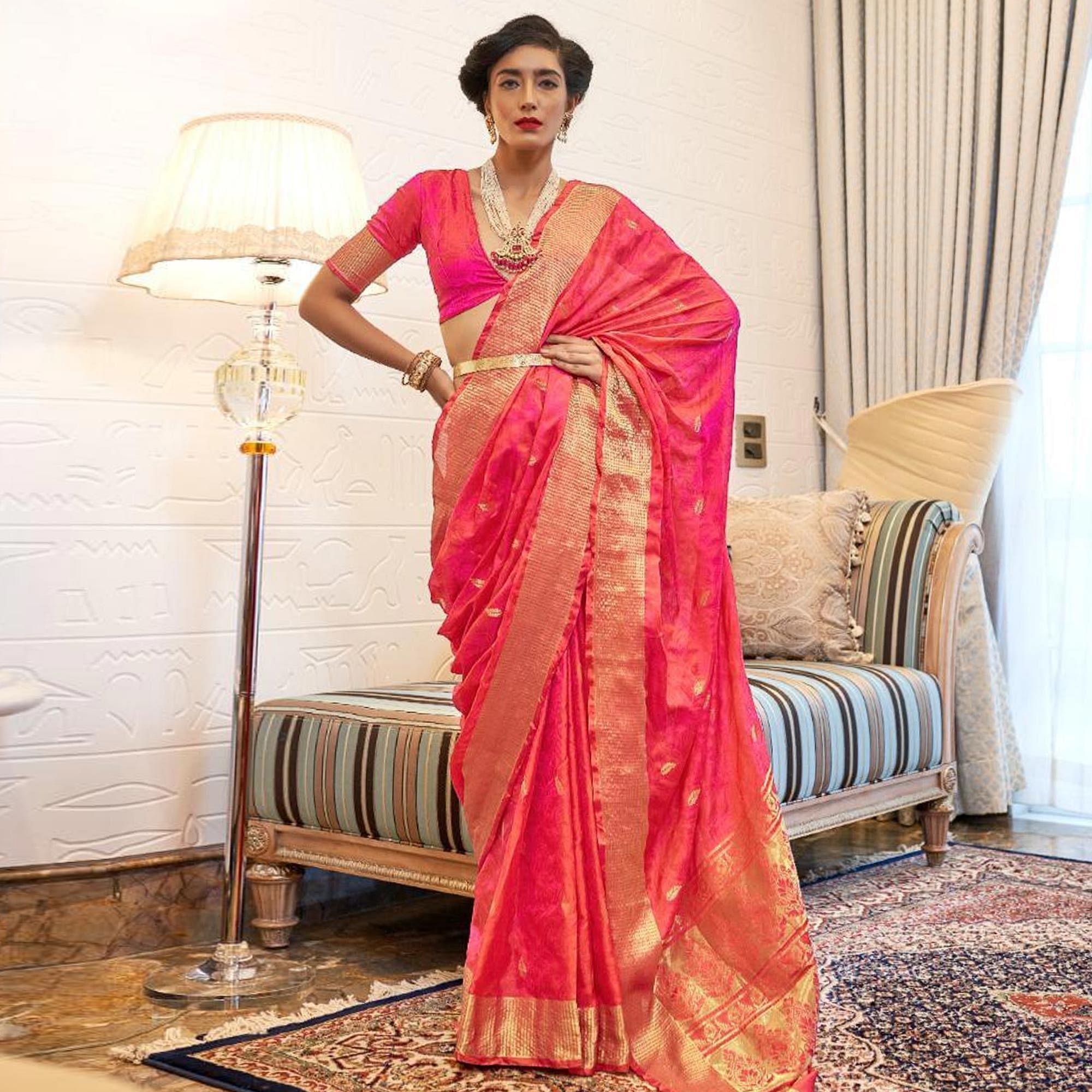 Exceptional Pink Colored Festive Wear Woven Pure Kanjivaram Silk Saree - Peachmode