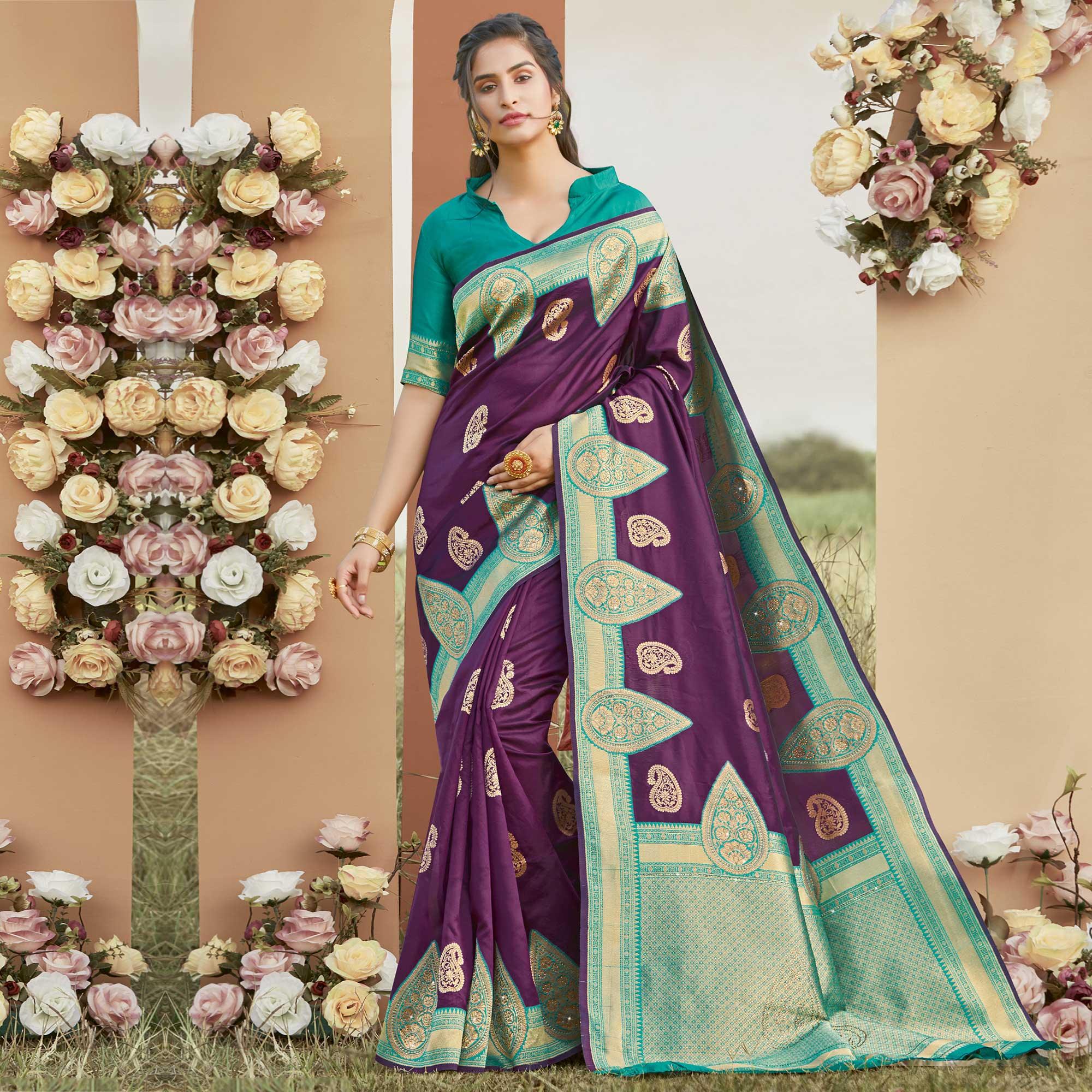 Exceptional Purple Colored Festive Wear Woven Silk Saree - Peachmode