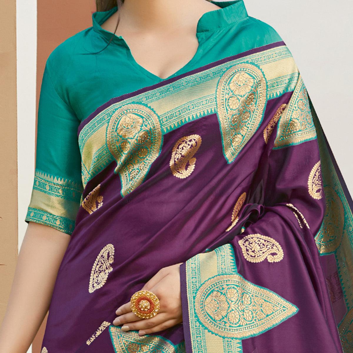 Exceptional Purple Colored Festive Wear Woven Silk Saree - Peachmode