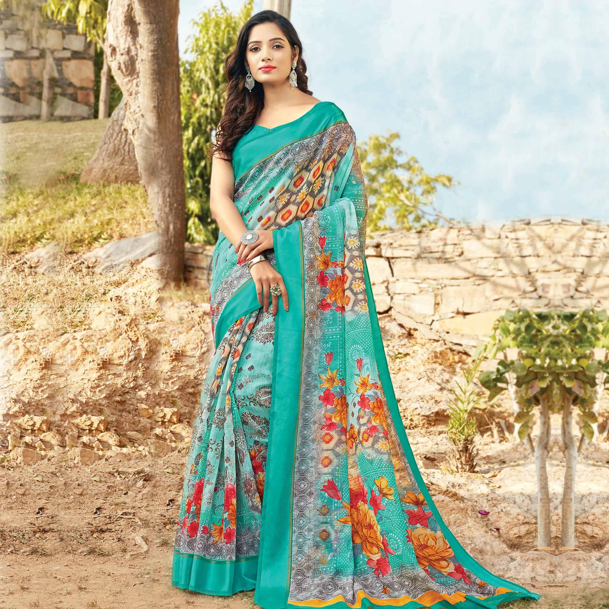Exceptional Rama Green Colored Casual Wear Printed Cotton Saree - Peachmode