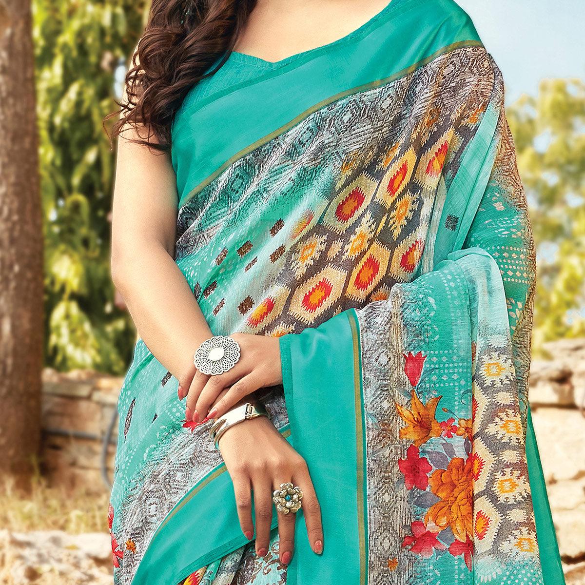 Exceptional Rama Green Colored Casual Wear Printed Cotton Saree - Peachmode
