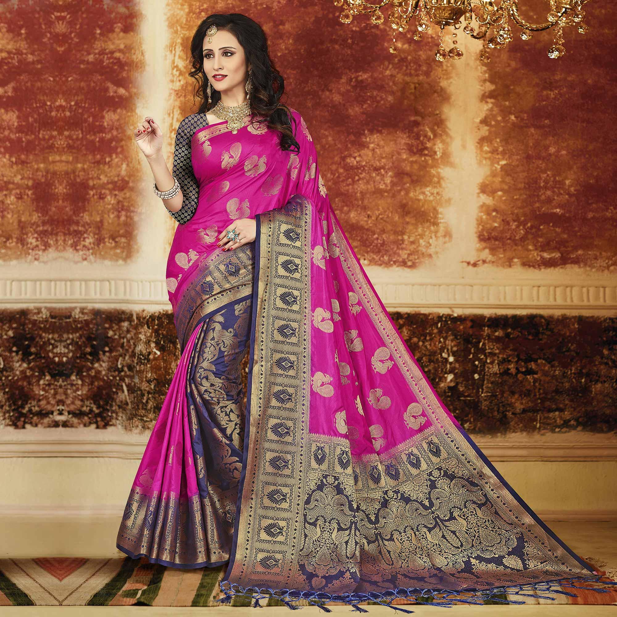 Exceptional Rani Pink-Navy Blue Colored Festive Wear Weaving Art Silk Saree - Peachmode
