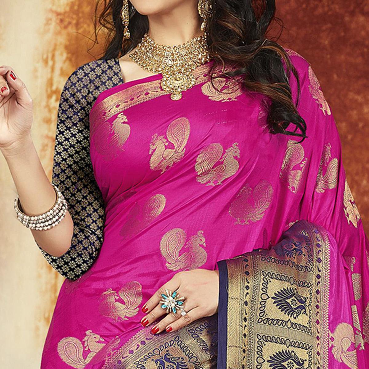 Exceptional Rani Pink-Navy Blue Colored Festive Wear Weaving Art Silk Saree - Peachmode