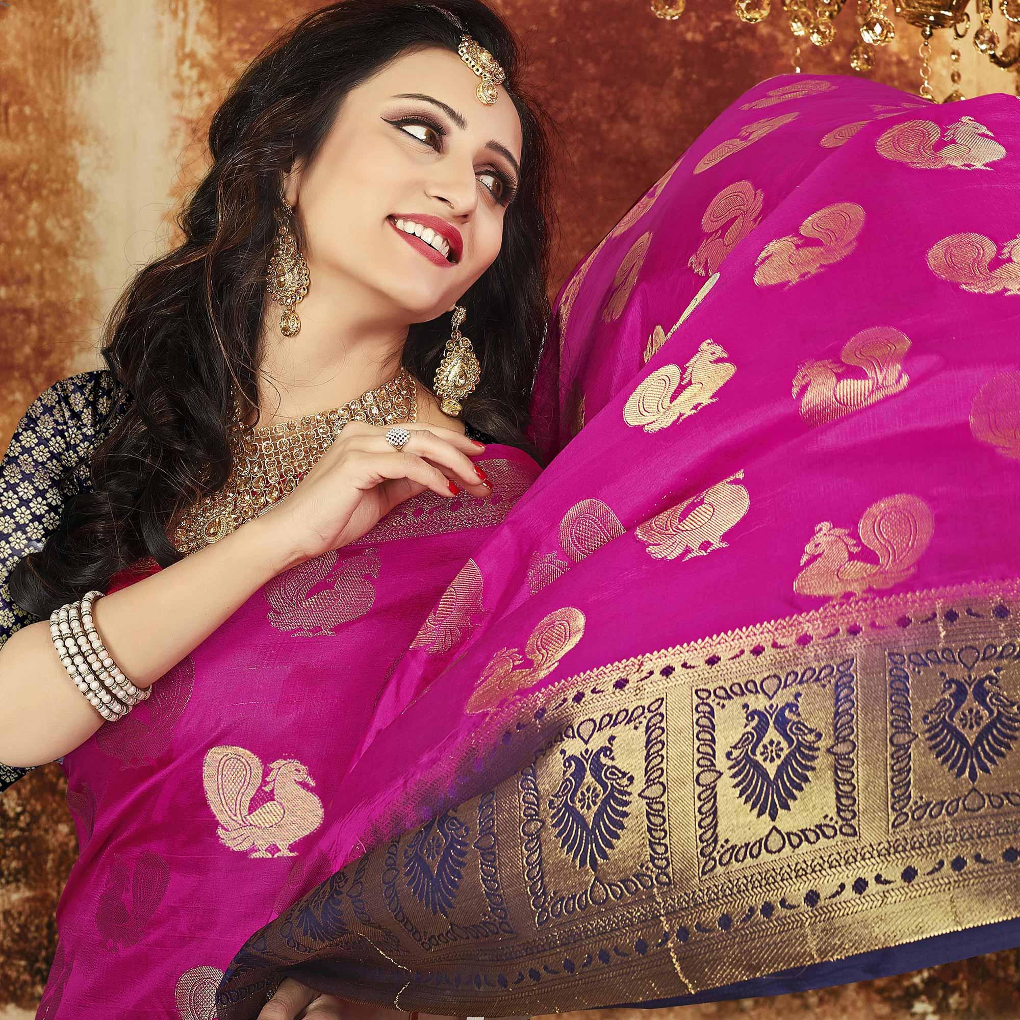 Exceptional Rani Pink-Navy Blue Colored Festive Wear Weaving Art Silk Saree - Peachmode