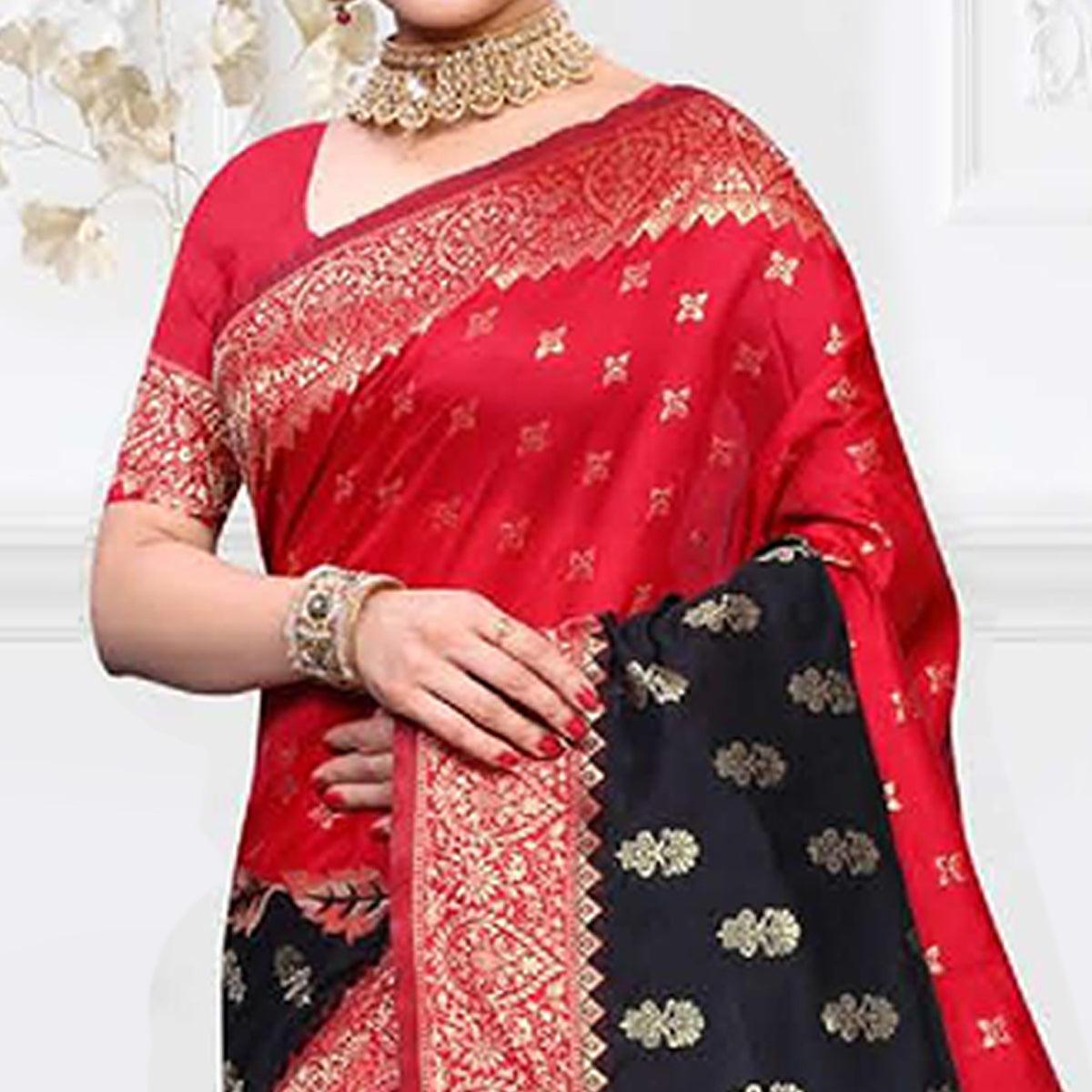 Exceptional Red - Black Colored Festive Wear Woven Art Silk Saree - Peachmode