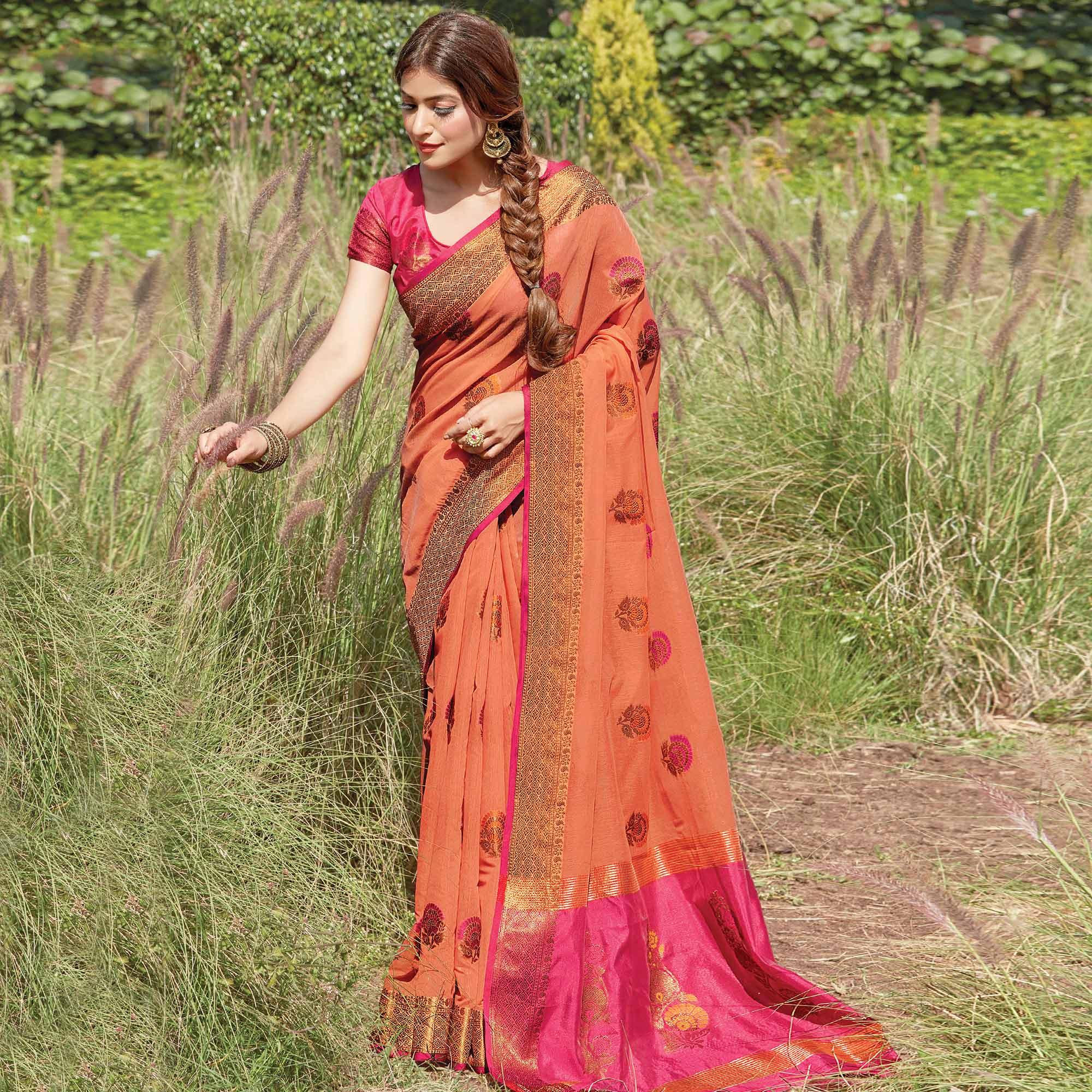 Exceptional Rust Colored Festive Wear Woven Cotton Handloom Saree - Peachmode