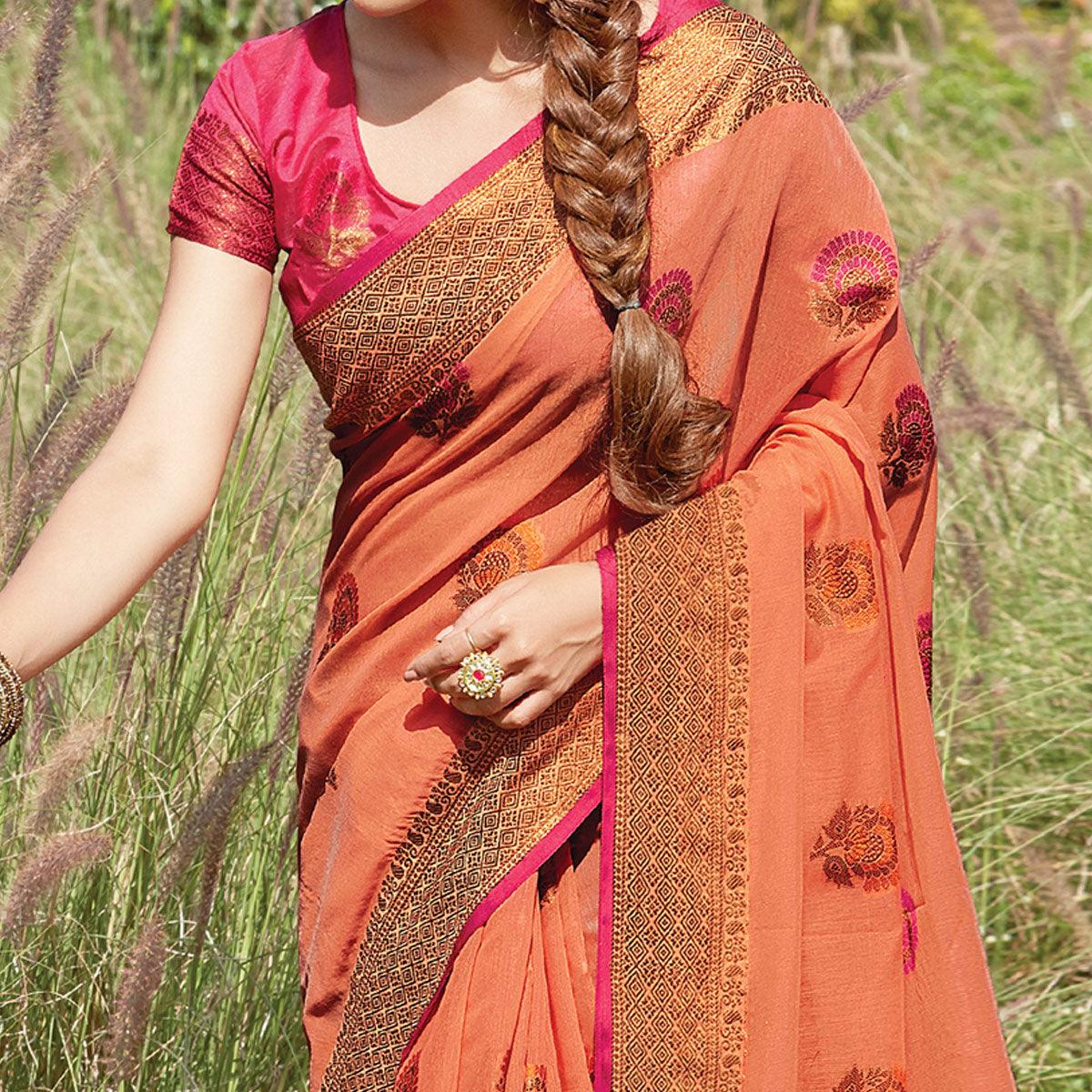 Exceptional Rust Colored Festive Wear Woven Cotton Handloom Saree - Peachmode