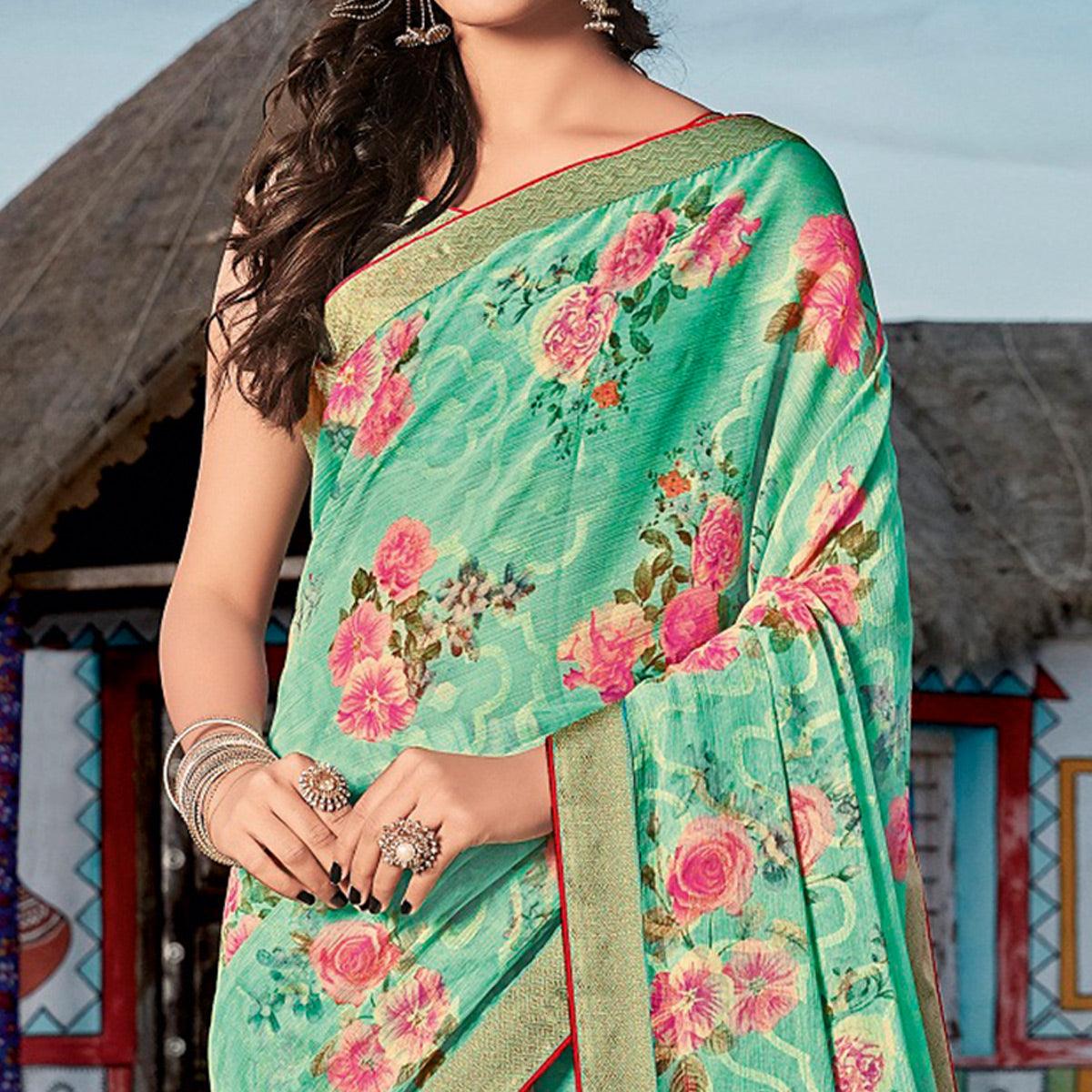 Exceptional Sea Blue Coloured Partywear Printed Brasso Saree - Peachmode