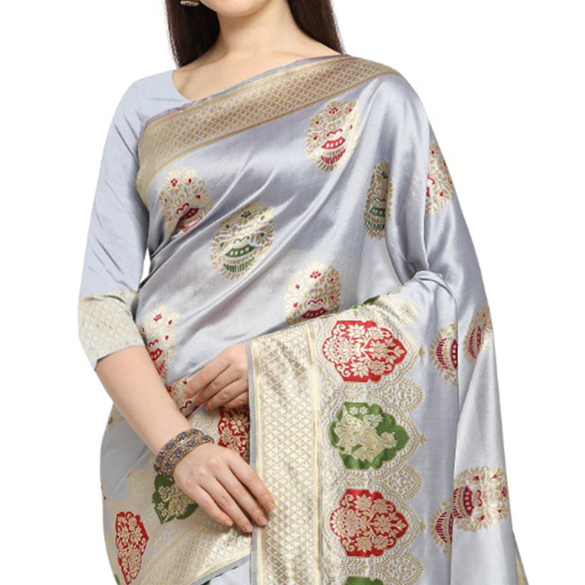 Exceptional Silver Colored Festive Wear Woven Banarasi Silk Saree - Peachmode