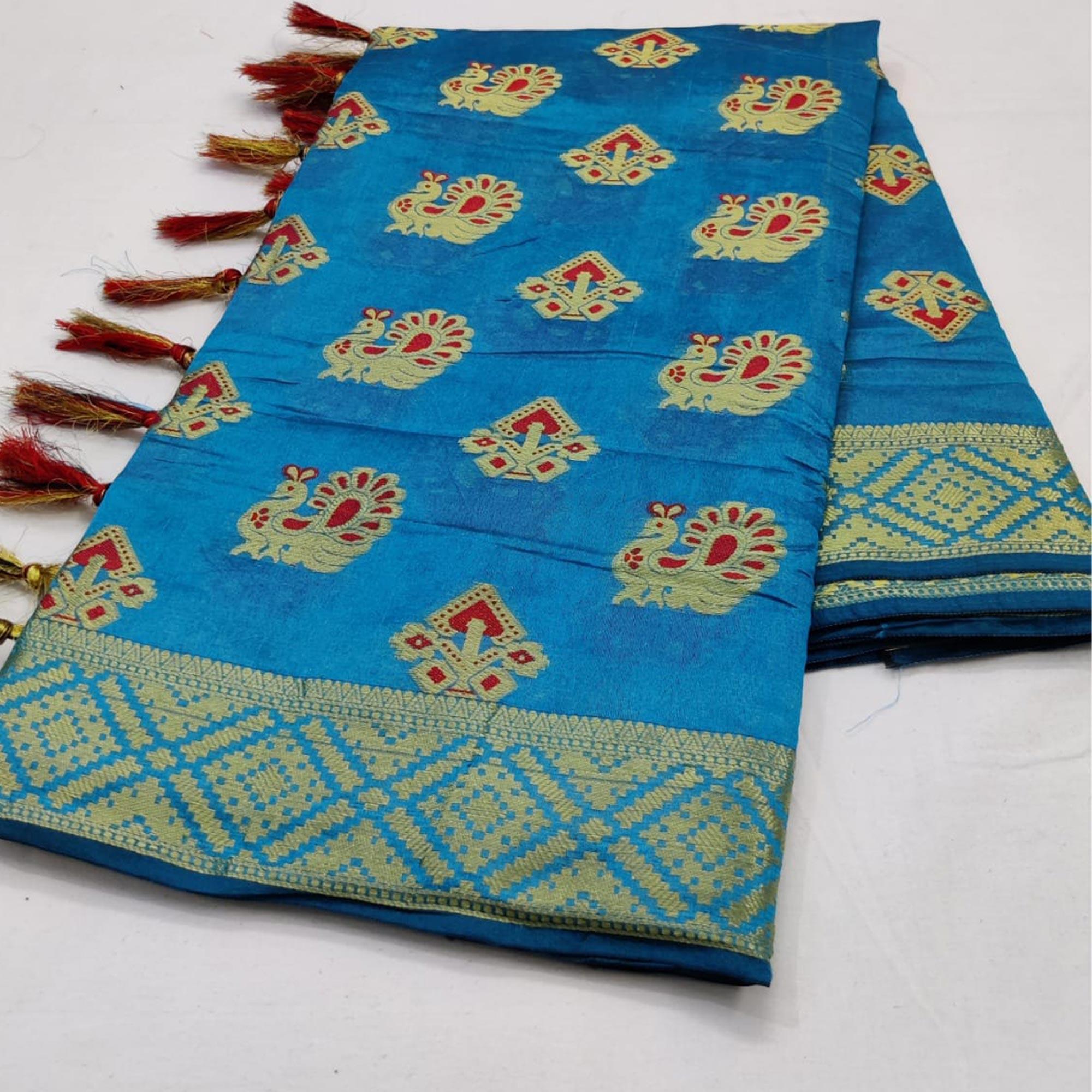 Exceptional Turquoise Blue Colored Festive Wear Woven Cotton Saree - Peachmode