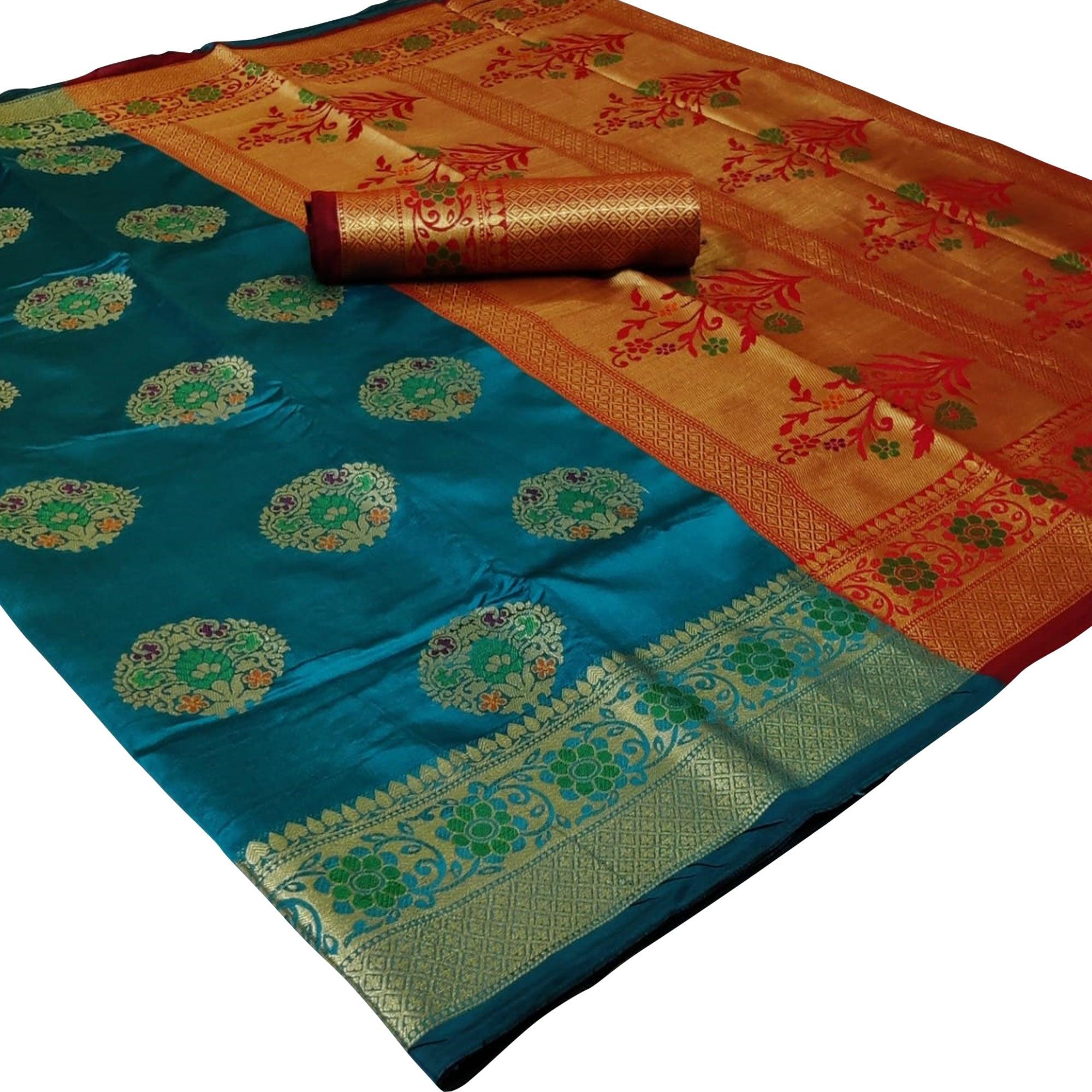 Exceptional Turquoise Blue Colored Festive Wear Woven Silk Saree - Peachmode