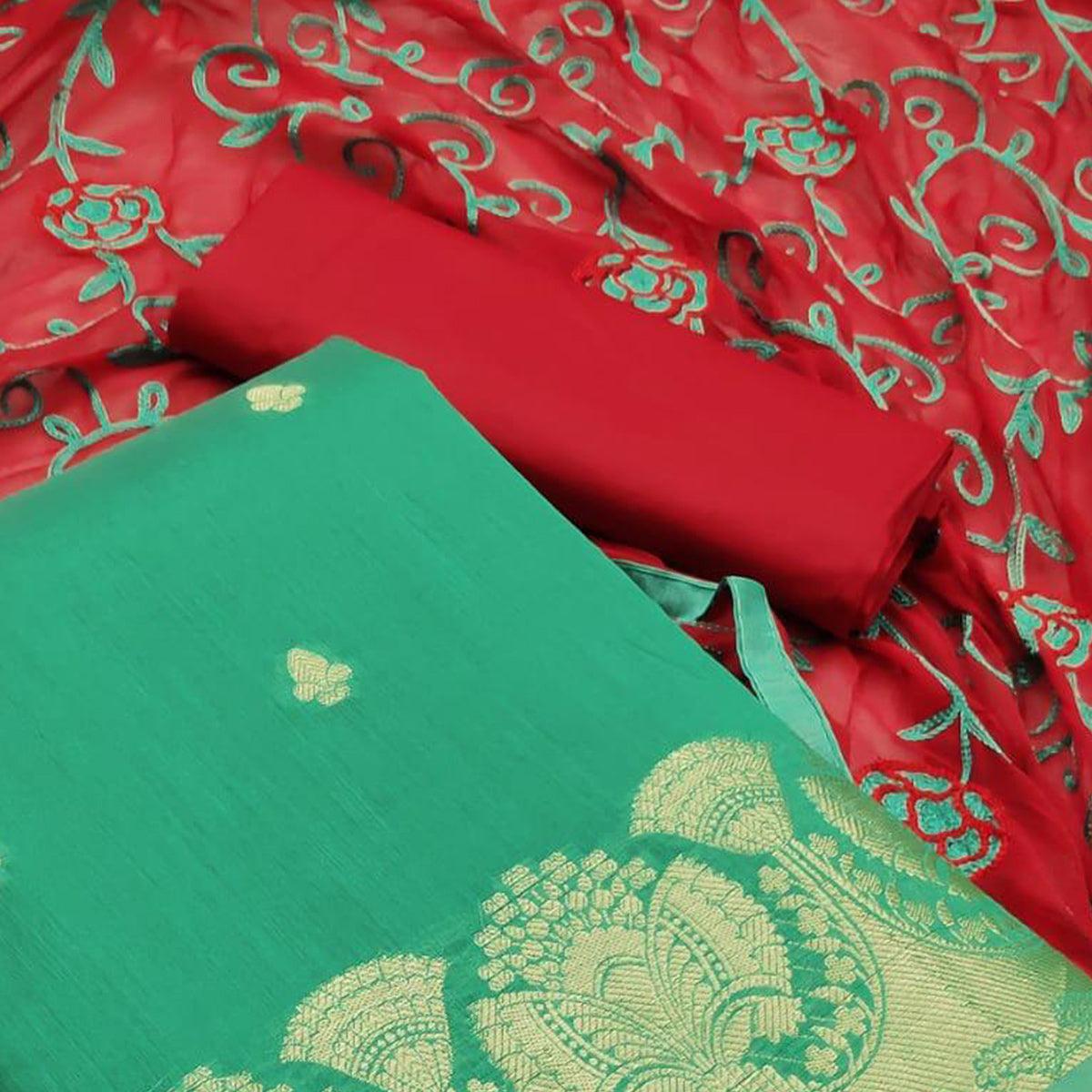 Exceptional Turquoise Green Colored Casual Wear Woven Banarasi Silk Dress Material - Peachmode