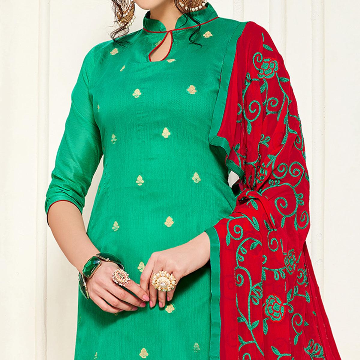 Exceptional Turquoise Green Colored Casual Wear Woven Banarasi Silk Dress Material - Peachmode