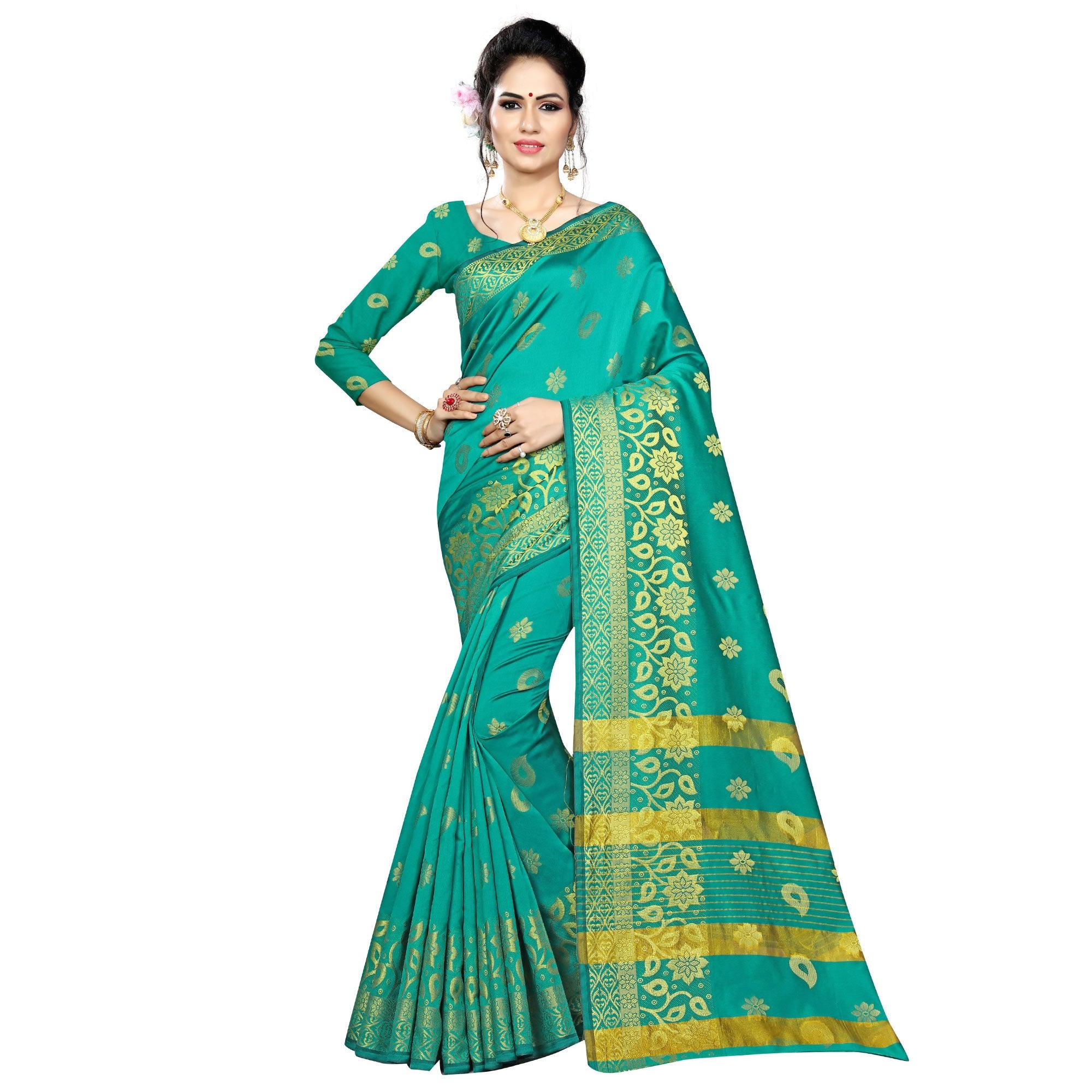 Exceptional Turquoise Green Colored Festive Wear Woven Silk Saree - Peachmode