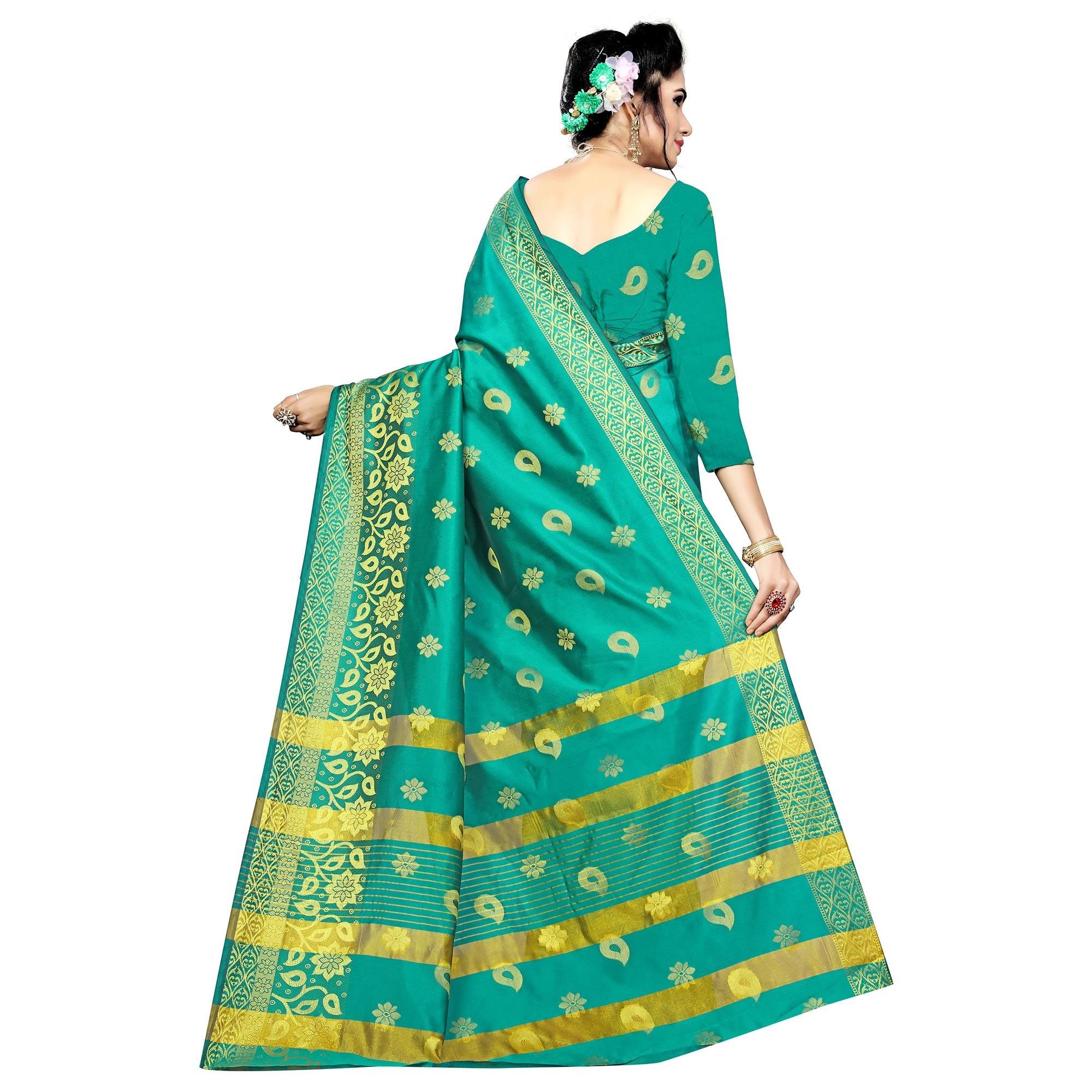 Exceptional Turquoise Green Colored Festive Wear Woven Silk Saree - Peachmode