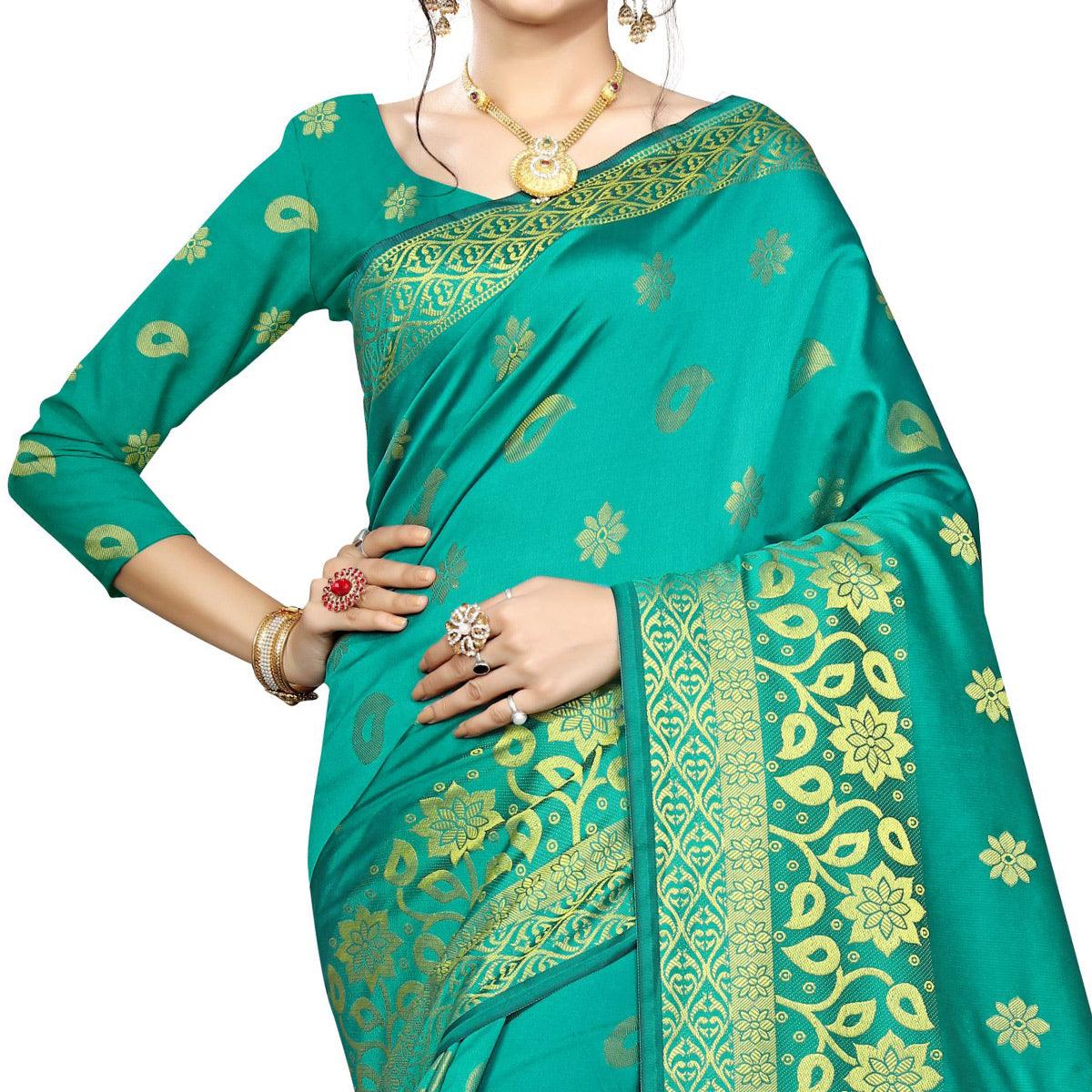 Exceptional Turquoise Green Colored Festive Wear Woven Silk Saree - Peachmode