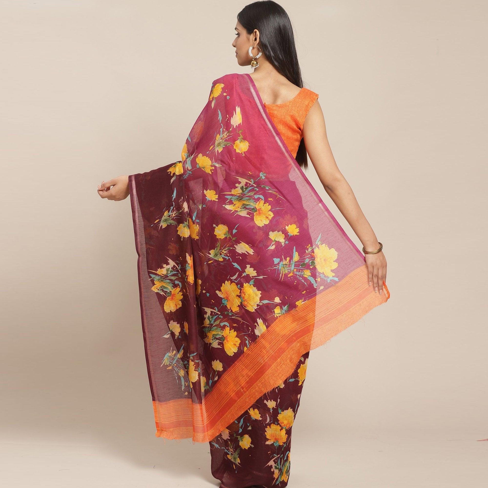 Exceptional Wine Colored Casual Wear Printed Cotton Blend Saree - Peachmode
