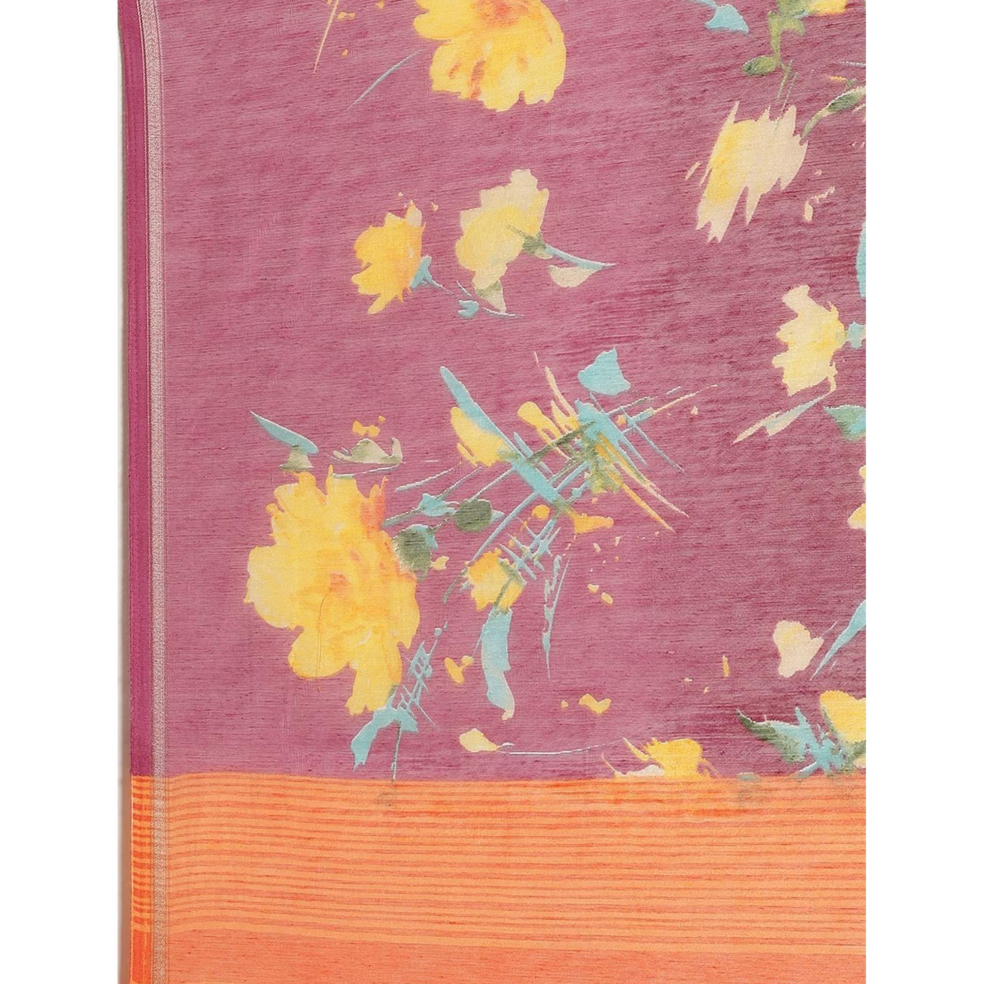 Exceptional Wine Colored Casual Wear Printed Cotton Blend Saree - Peachmode