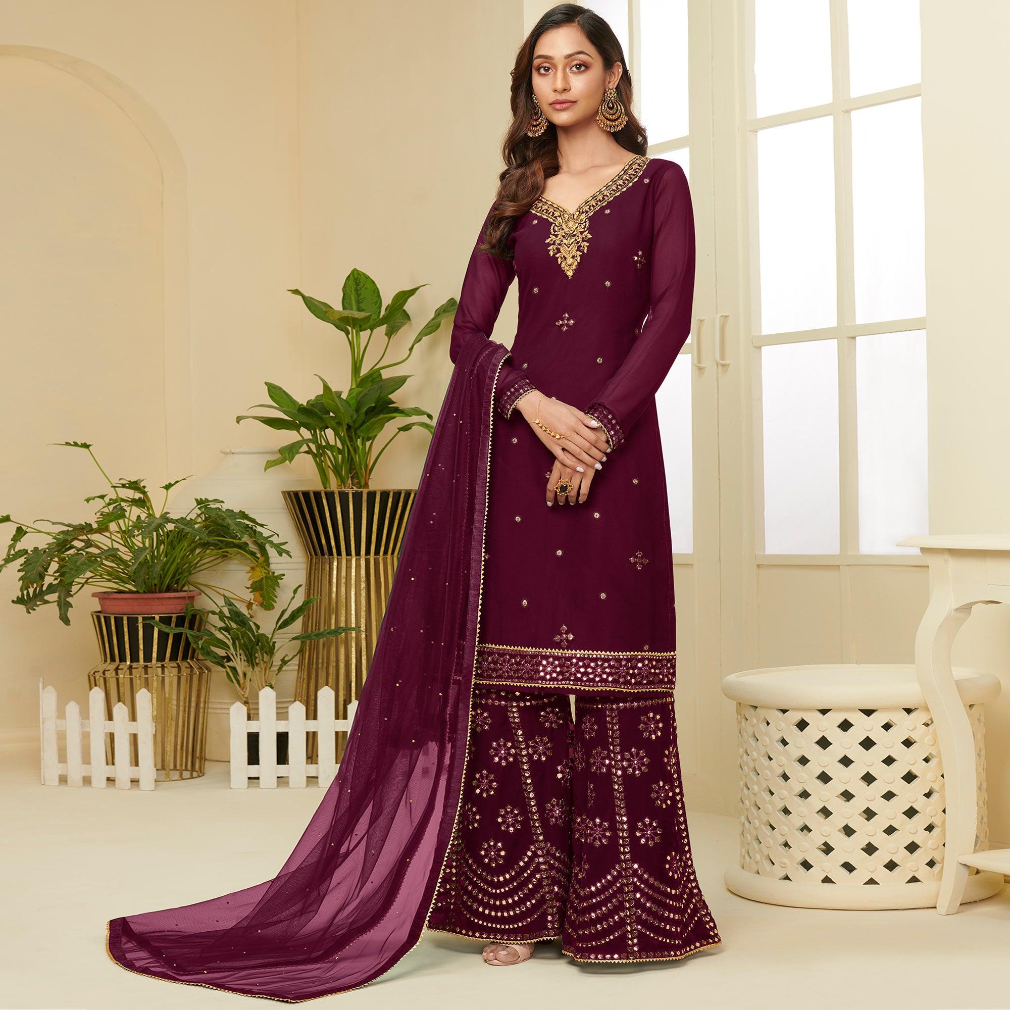 Exceptional Wine Coloured Partywear Gota Work Georgette Palazzo Suit - Peachmode