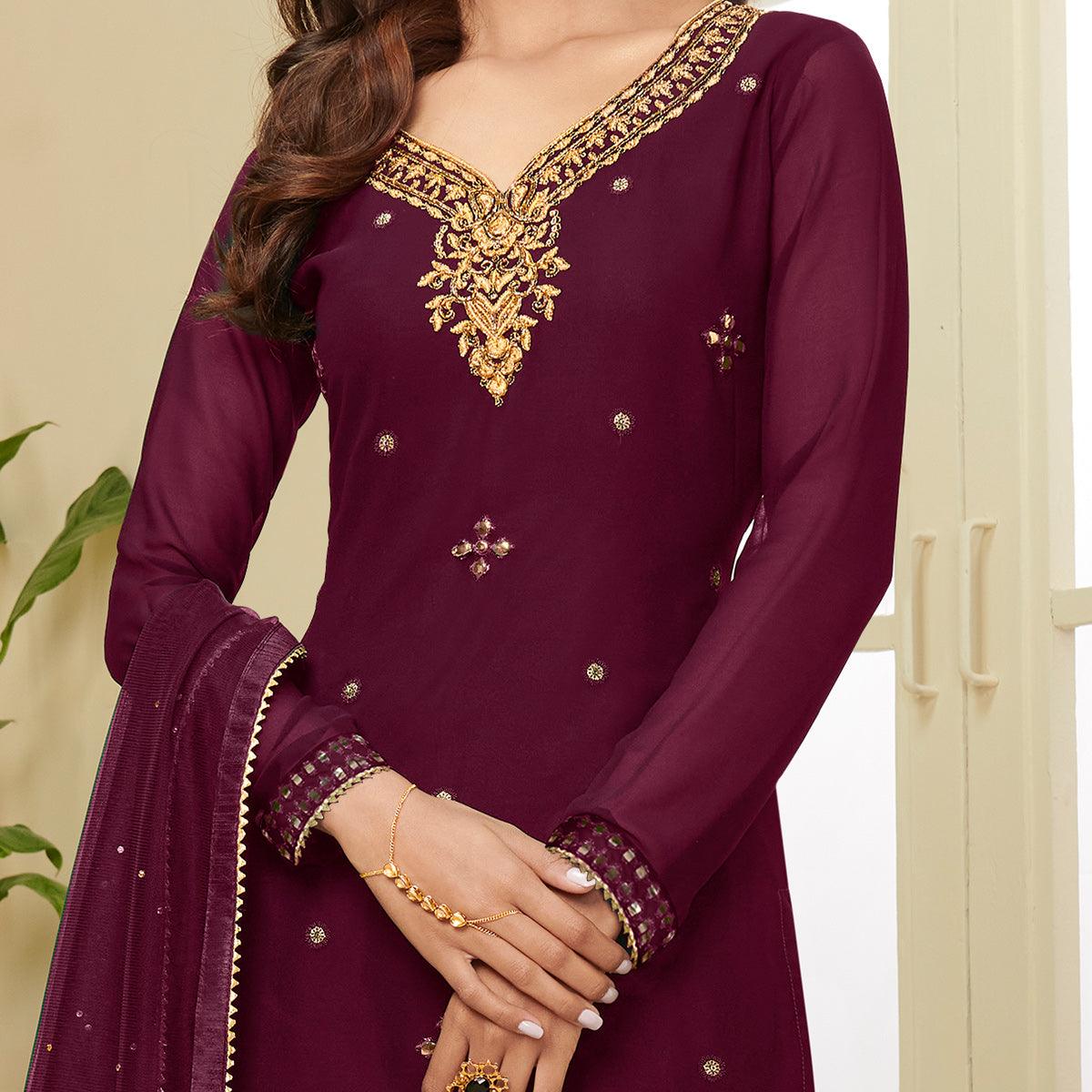 Exceptional Wine Coloured Partywear Gota Work Georgette Palazzo Suit - Peachmode