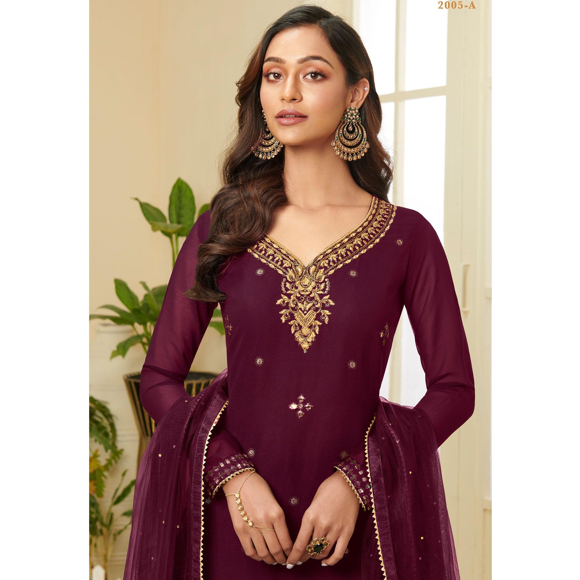 Exceptional Wine Coloured Partywear Gota Work Georgette Palazzo Suit - Peachmode