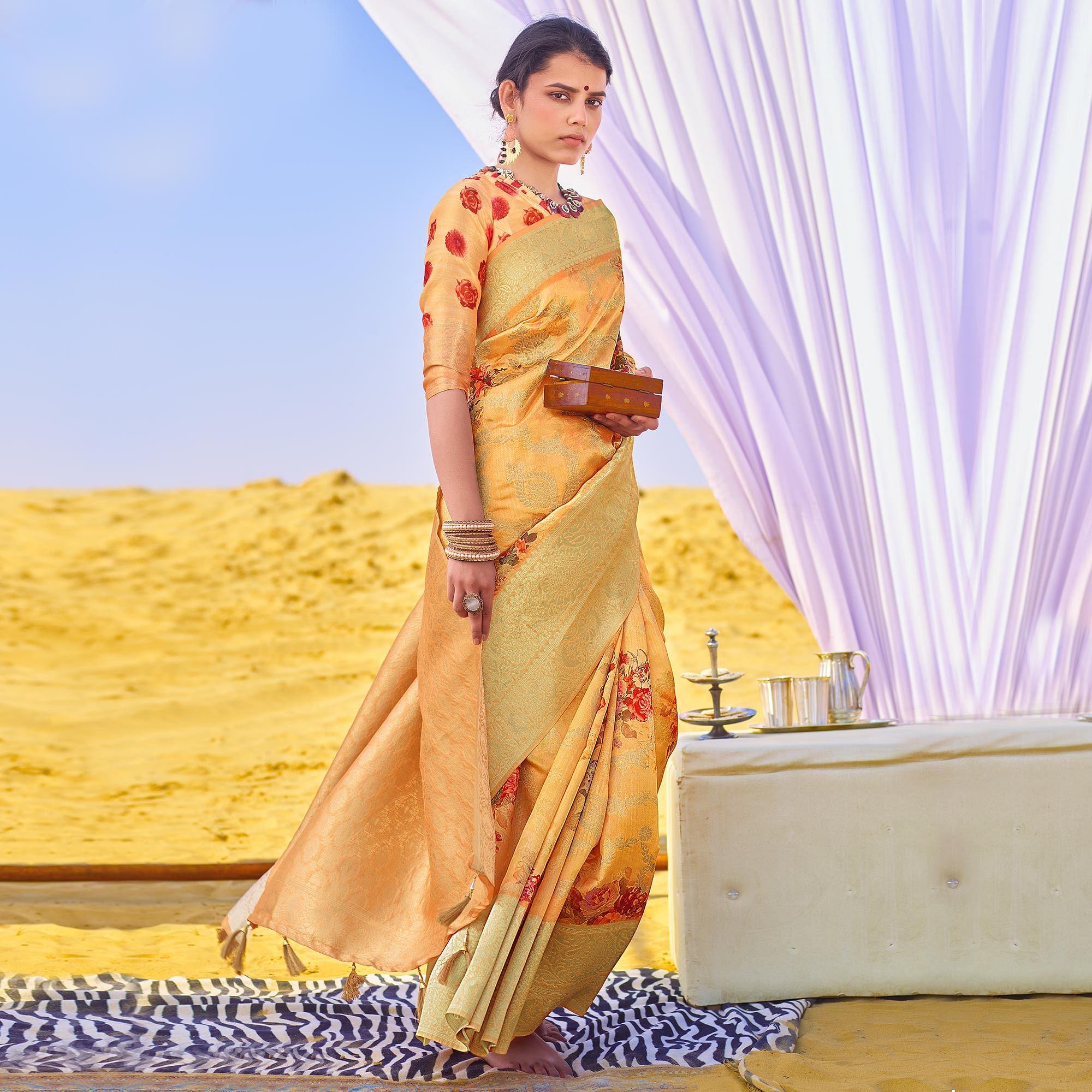Exceptional Yellow Colored Festive Wear Woven Silk Saree - Peachmode