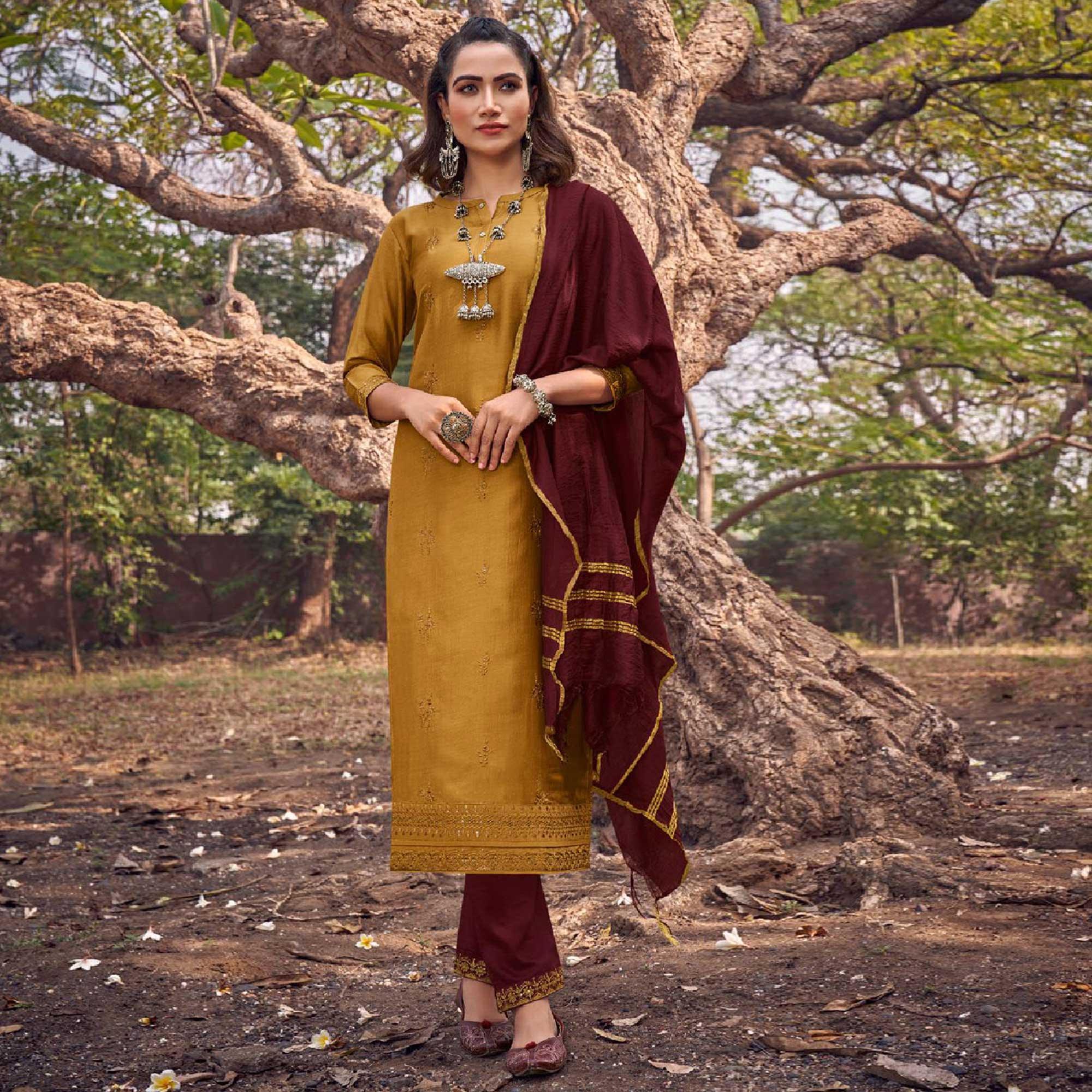 Exceptional Yellow Colored Partywear Embroidered Cotton Silk Straight Suit - Peachmode