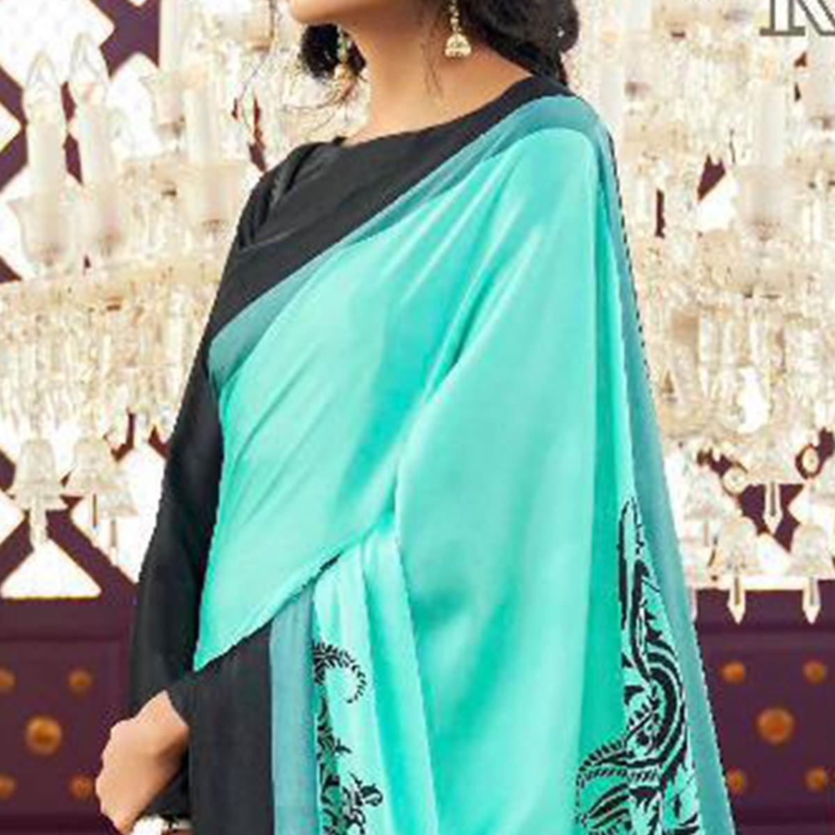 Exclusive Aqua Green Colored Partywear Fancy Printed Japan Satin-Crepe Saree - Peachmode