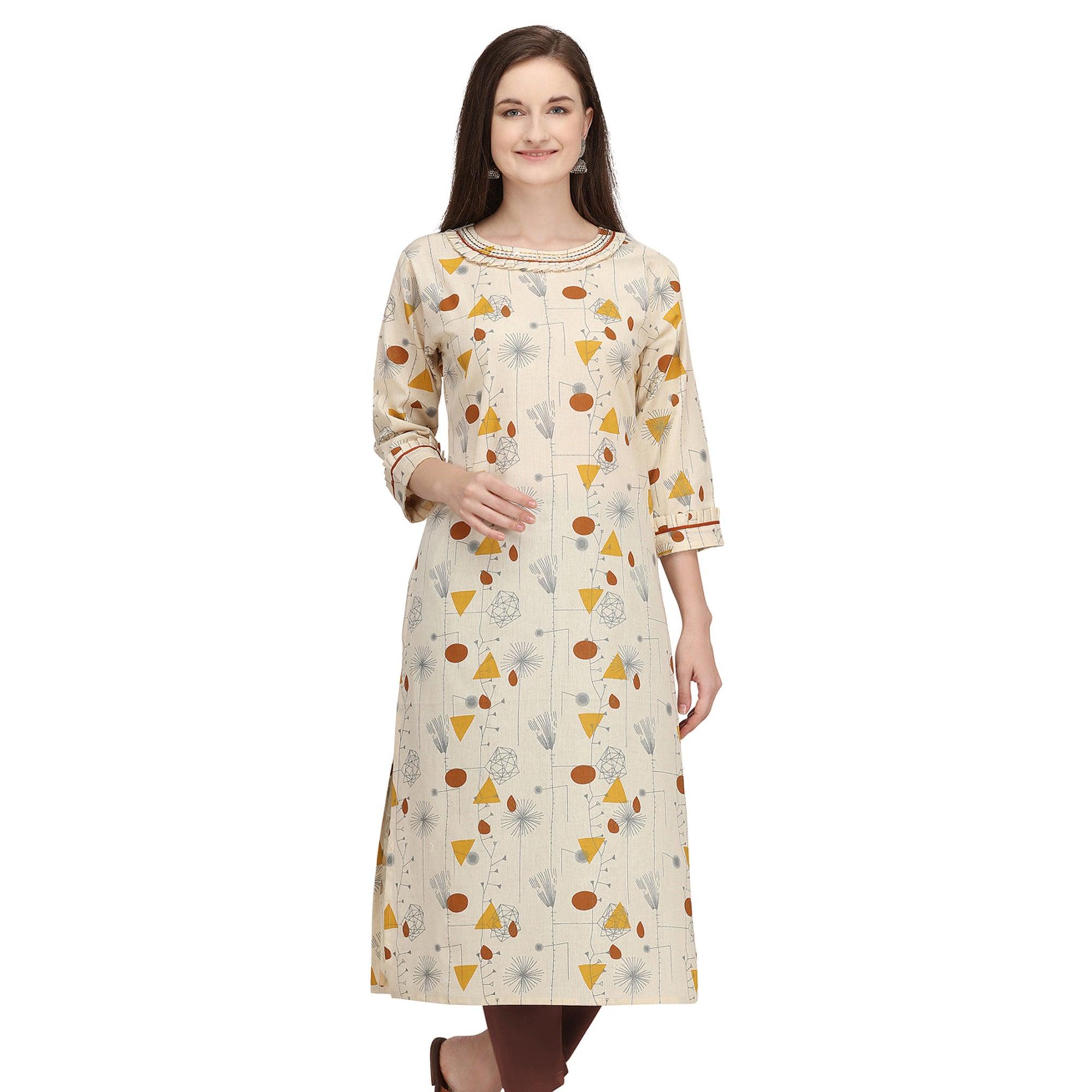 Exclusive Beige - Brown Colored Casual Wear Printed Cotton Kurti - Peachmode