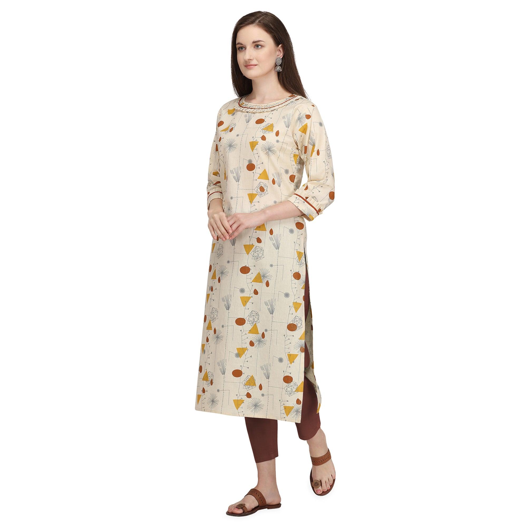 Exclusive Beige - Brown Colored Casual Wear Printed Cotton Kurti - Peachmode