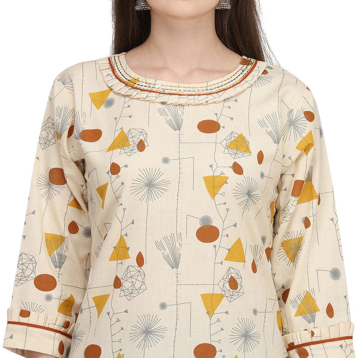 Exclusive Beige - Brown Colored Casual Wear Printed Cotton Kurti - Peachmode