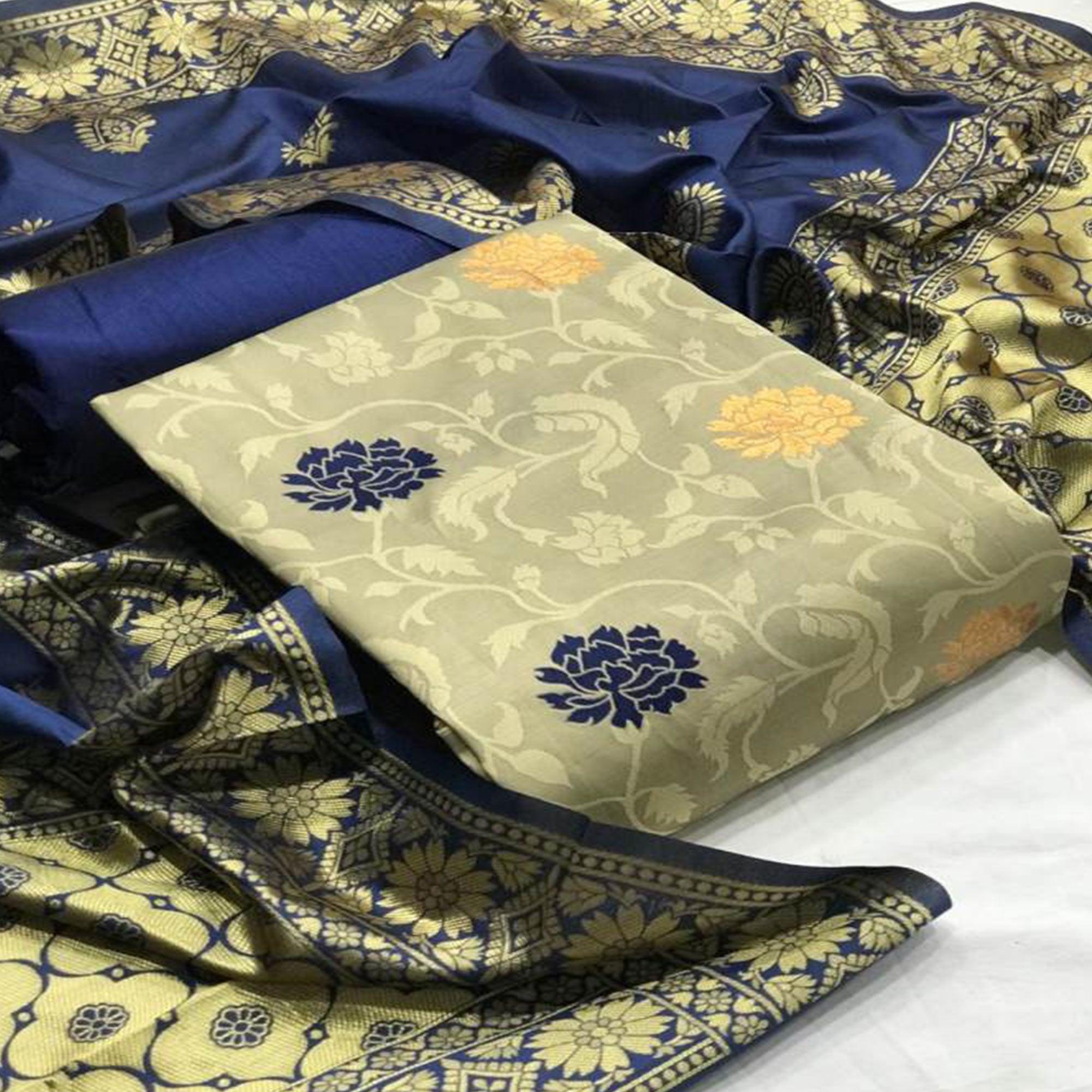 Exclusive Beige Colored Casual Wear Woven Banarasi Silk Dress Material - Peachmode