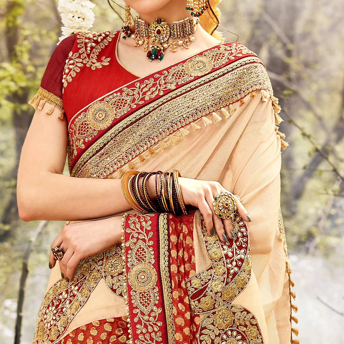 Exclusive Beige Colored Party Wear Embroidered Georgette Saree - Peachmode