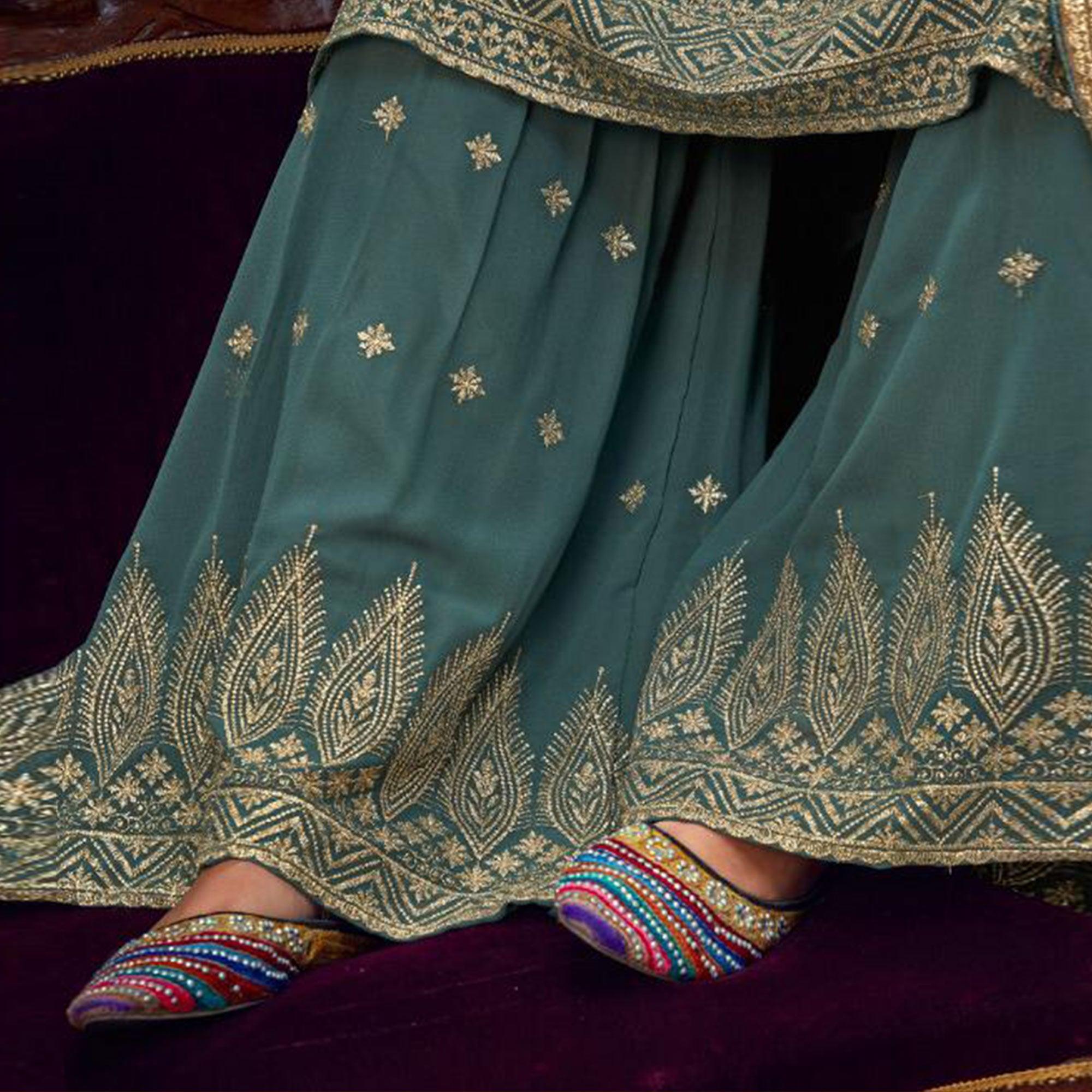 Exclusive Blue Colored Embroidered Partywear Pure Georgette Palazzo Suit - Peachmode