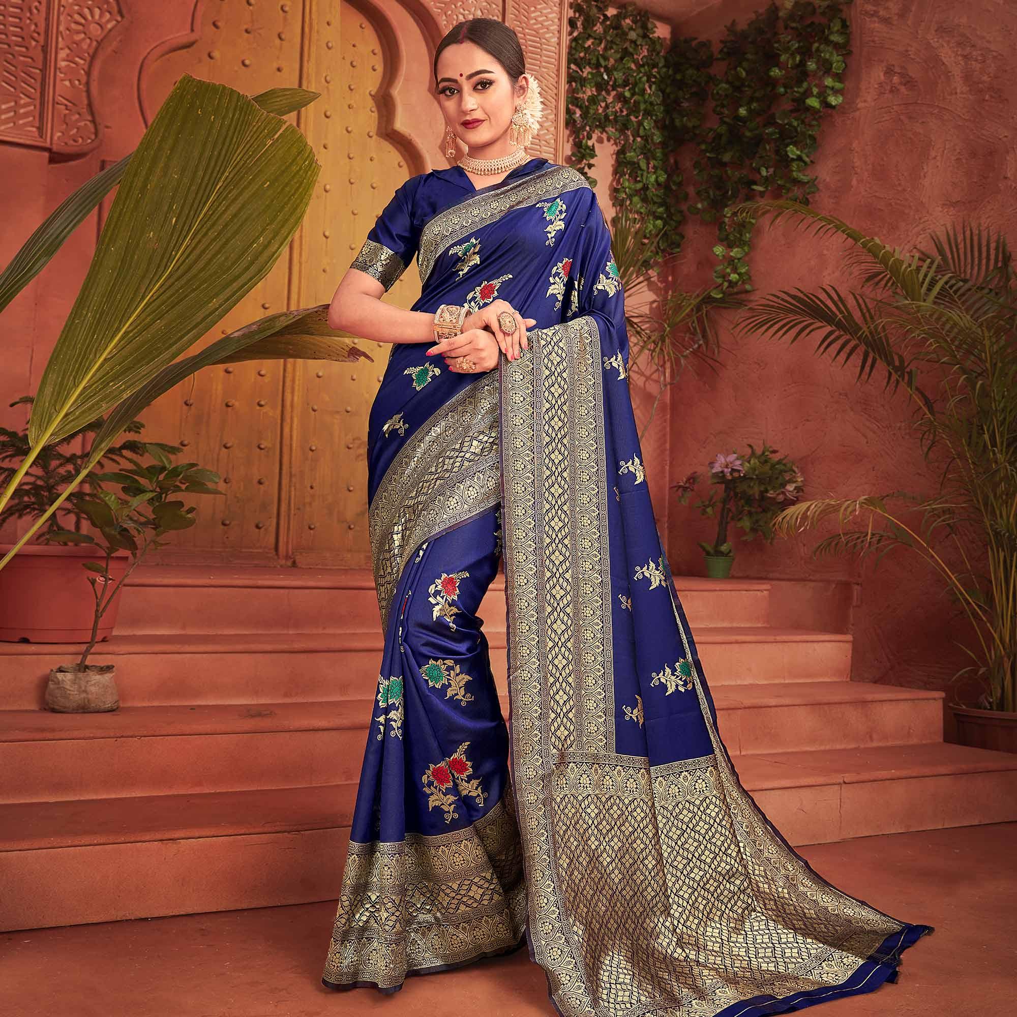 Exclusive Blue Colored Festive Wear Woven Designer Silk Saree - Peachmode