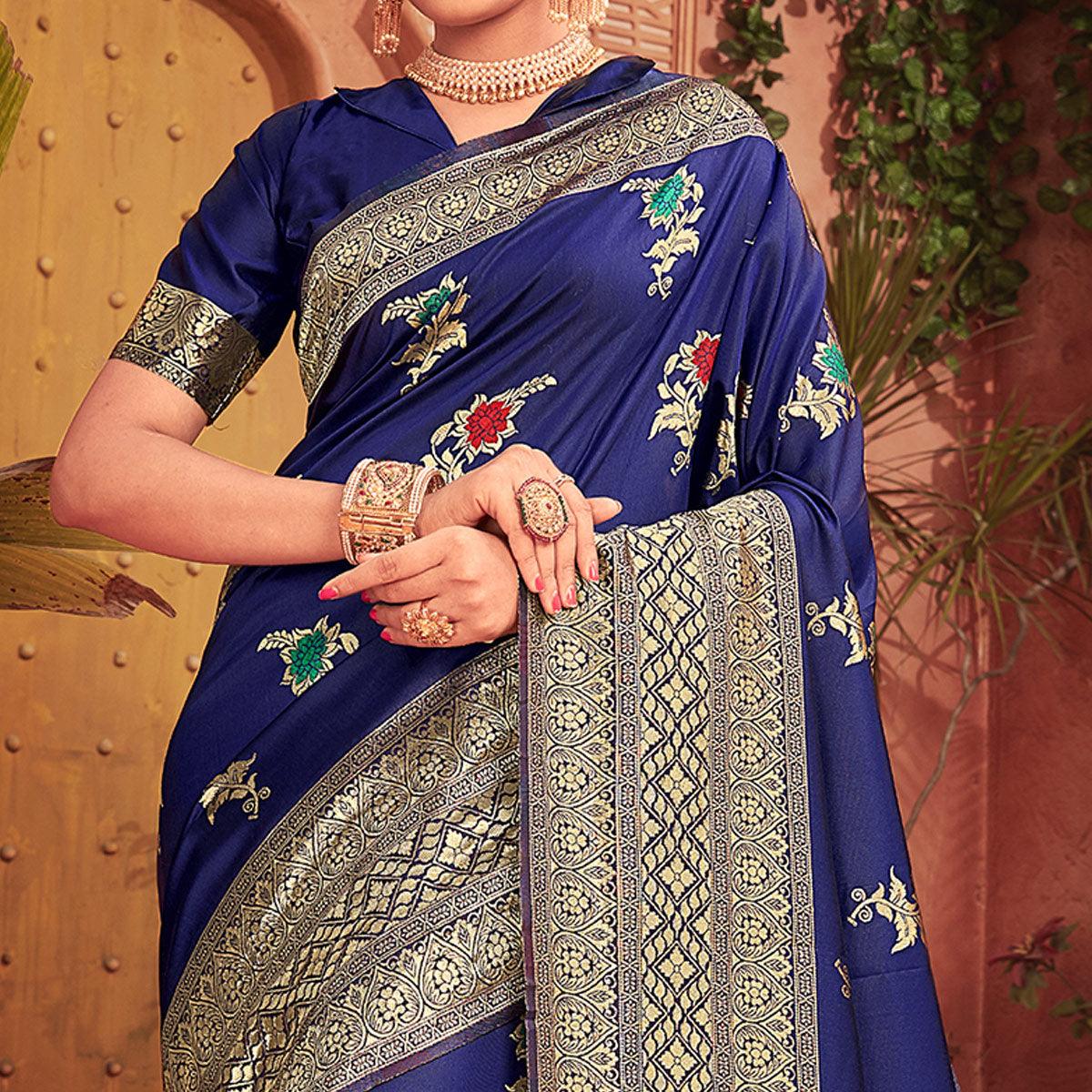 Exclusive Blue Colored Festive Wear Woven Designer Silk Saree - Peachmode