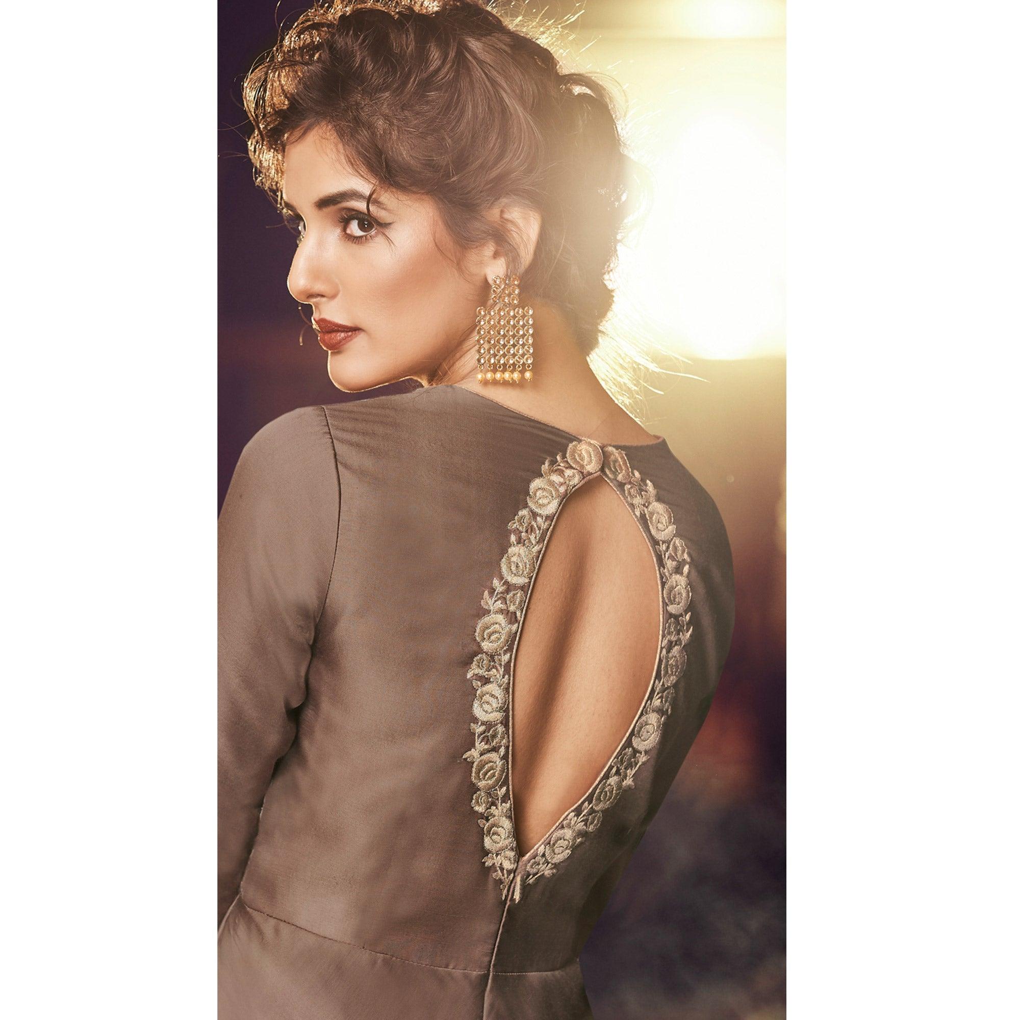 Exclusive Brown Colored Partywear Embroidered Modal Satin Gown With Dupatta - Peachmode