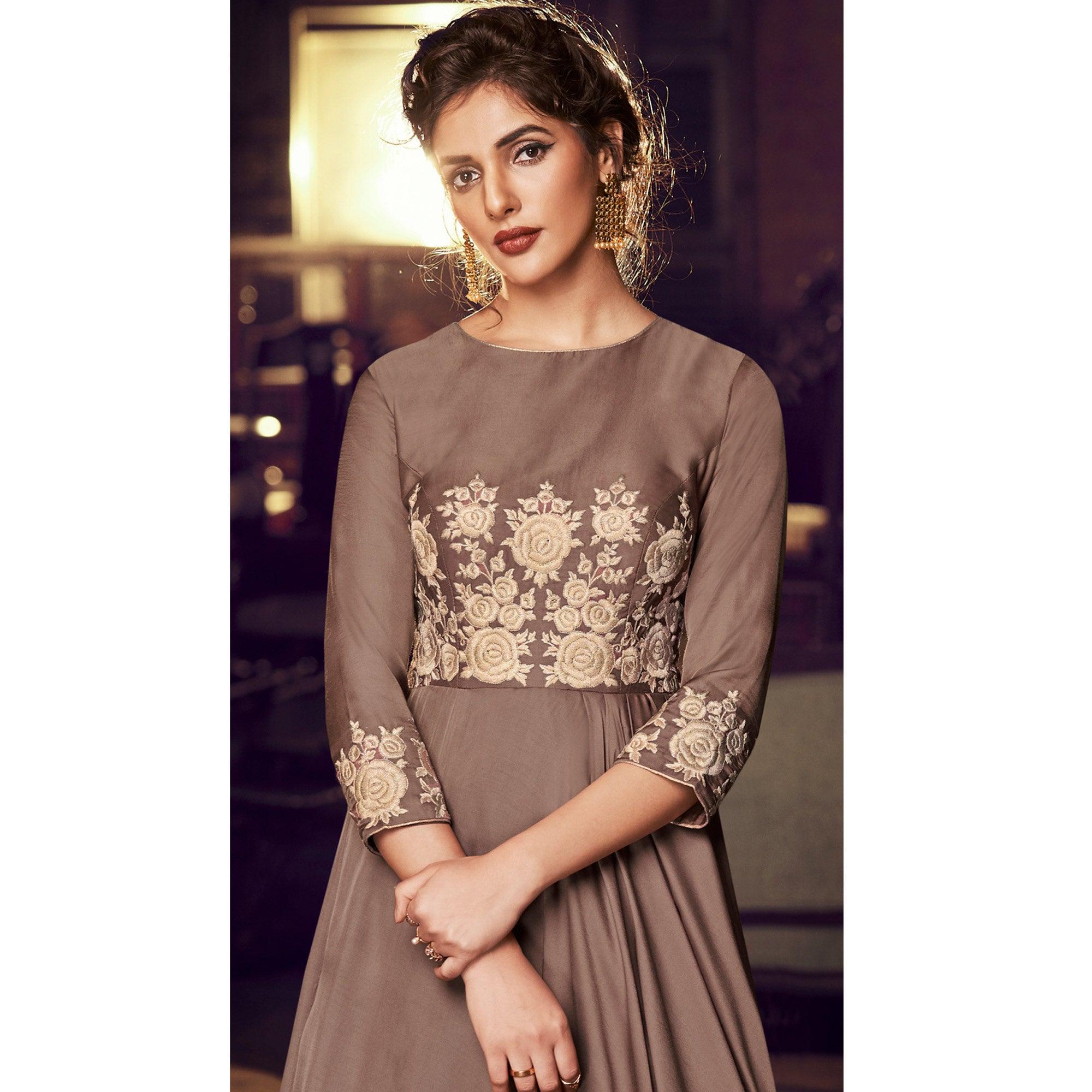 Exclusive Brown Colored Partywear Embroidered Modal Satin Gown With Dupatta - Peachmode