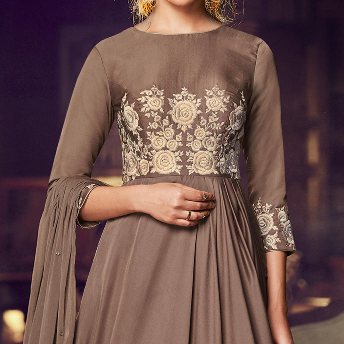 Exclusive Brown Colored Partywear Embroidered Modal Satin Gown With Dupatta - Peachmode