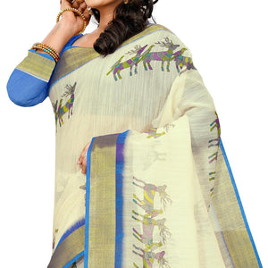 Exclusive Cream - Blue Colored Casual Wear Digital Printed Cotton Saree - Peachmode