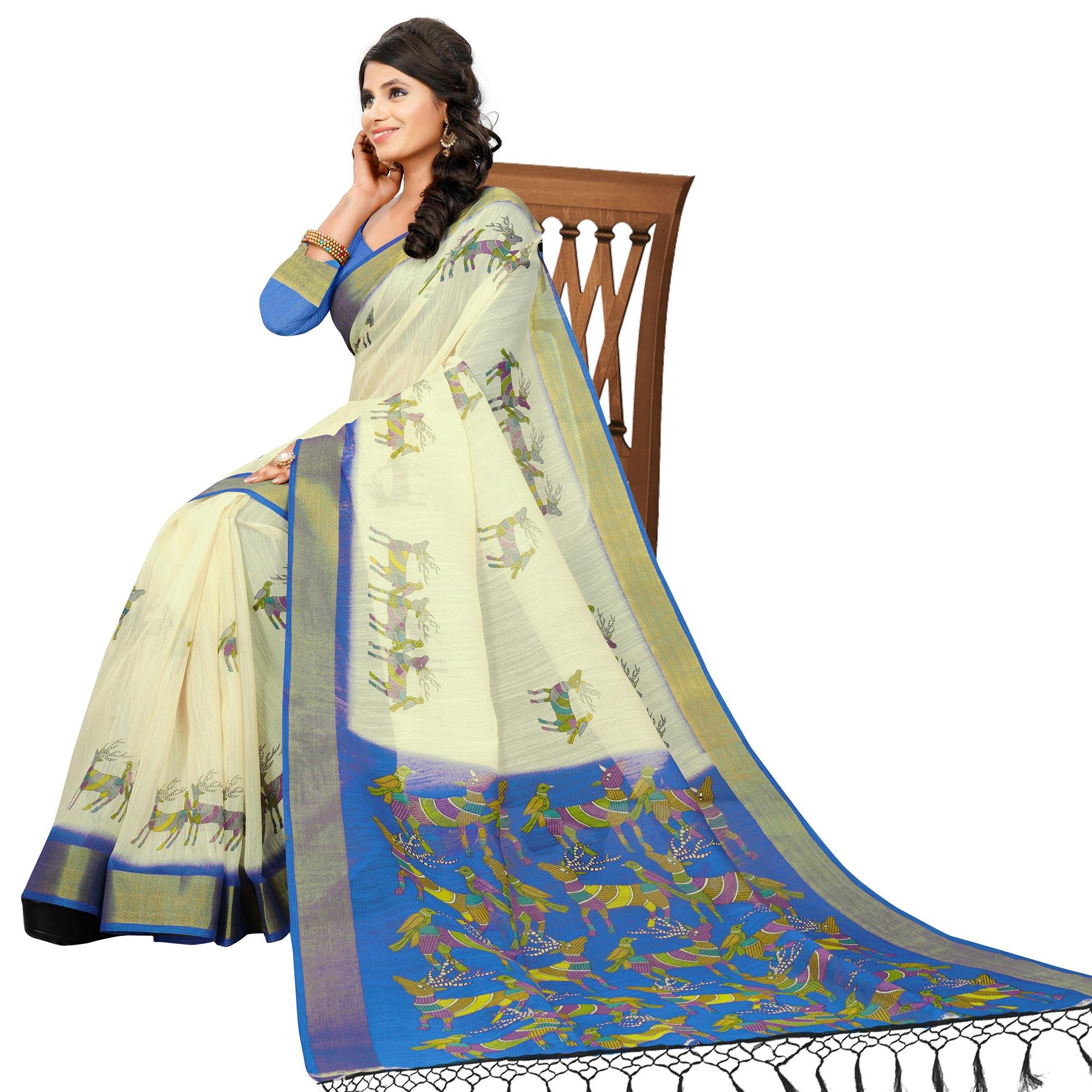 Exclusive Cream - Blue Colored Casual Wear Digital Printed Cotton Saree - Peachmode