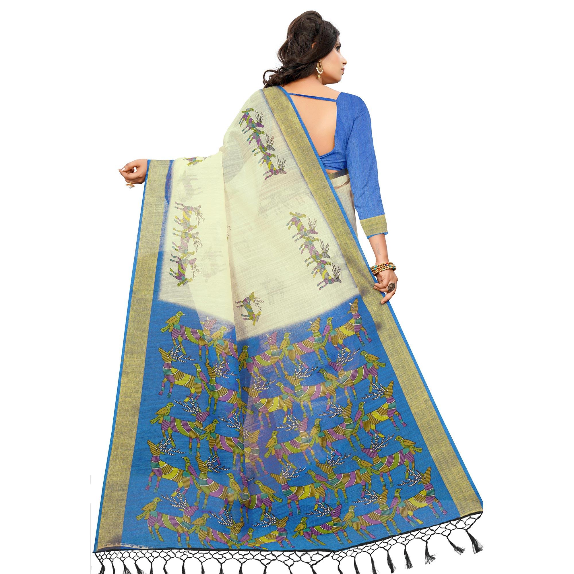 Exclusive Cream - Blue Colored Casual Wear Digital Printed Cotton Saree - Peachmode
