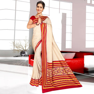 Exclusive Cream-Red Colored Casual Printed Tussar Silk Saree - Peachmode