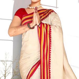 Exclusive Cream-Red Colored Casual Printed Tussar Silk Saree - Peachmode