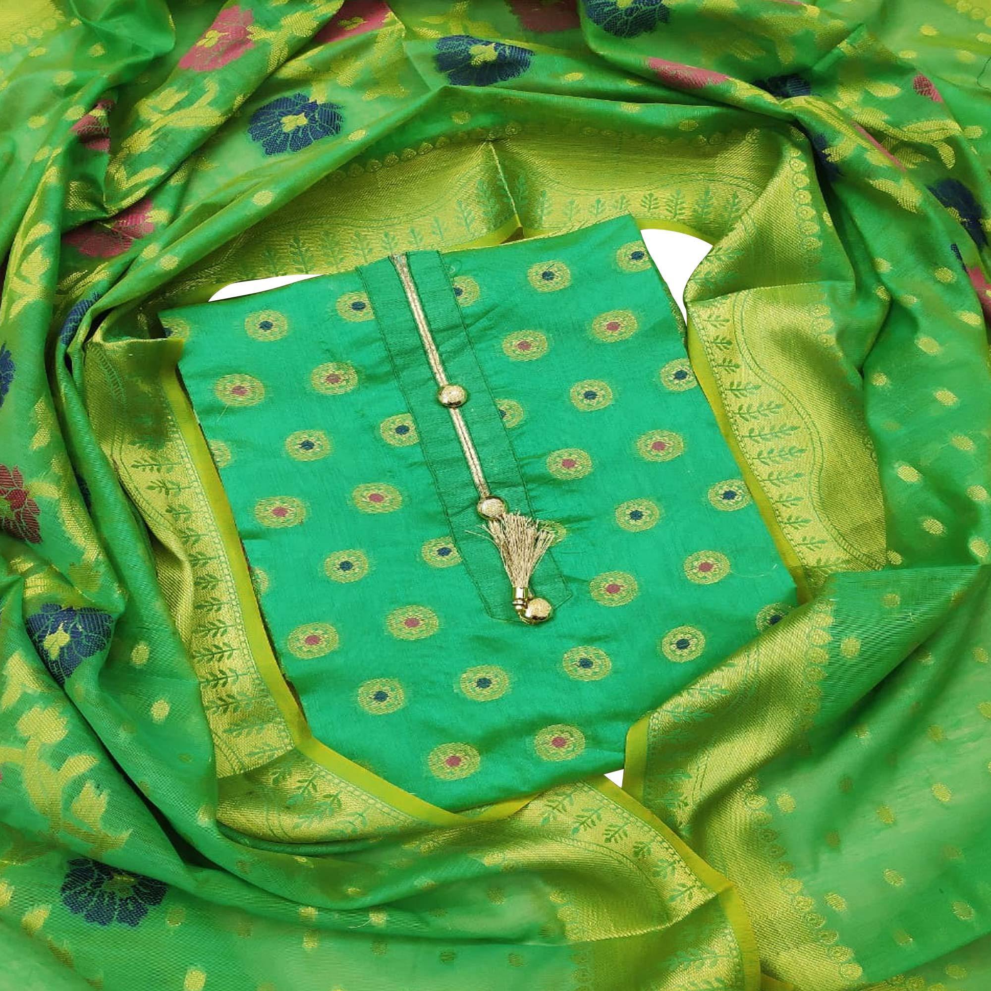 Exclusive Green Colored Festive Wear Woven Banarasi Silk Dress Material - Peachmode
