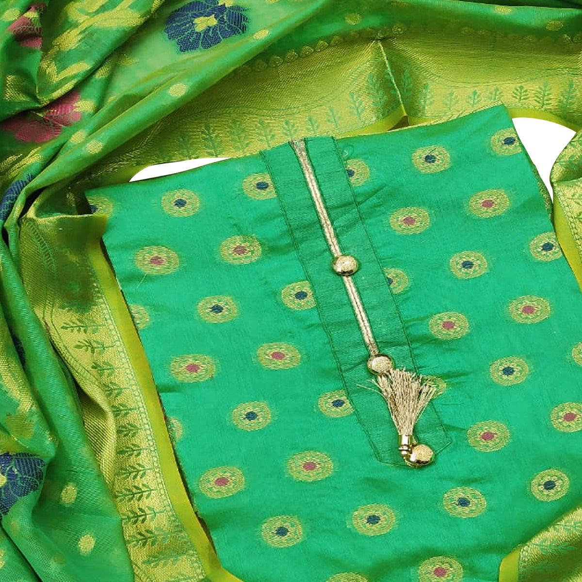Exclusive Green Colored Festive Wear Woven Banarasi Silk Dress Material - Peachmode