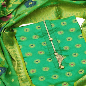 Exclusive Green Colored Festive Wear Woven Banarasi Silk Dress Material - Peachmode