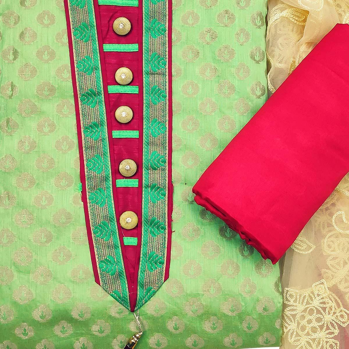 Exclusive Green Colored Festive Wear Woven Heavy Banarasi Silk Dress Material - Peachmode