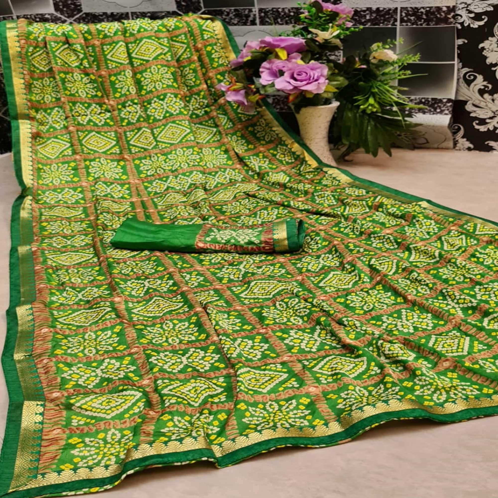 Exclusive Green Colored Festive Wear Woven Moss Georgette Saree - Peachmode
